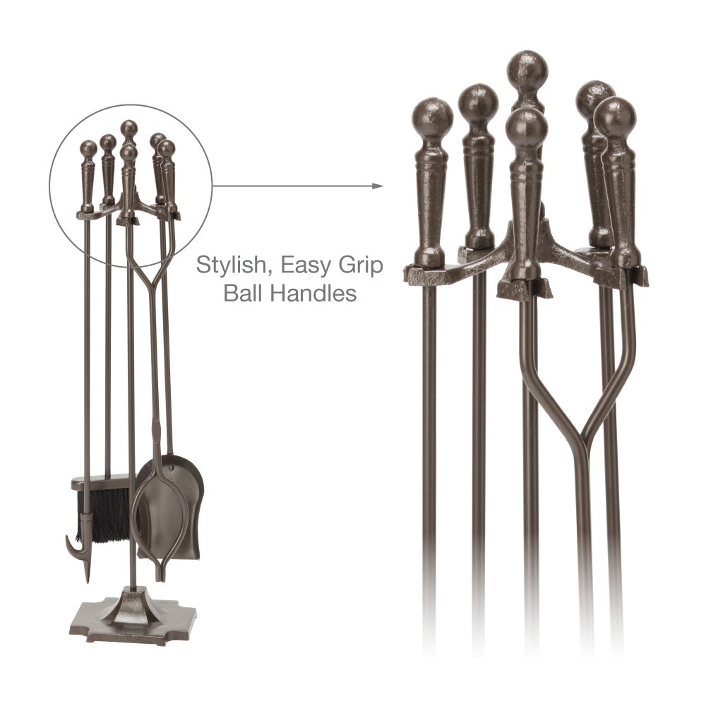 Uniflame F-1634 5-Piece Bronze Fireplace Tools Set with Ball Handles & Pedestal Base - Durable Fireplace Accessories for Home, Patio & Outdoor Fire Pits