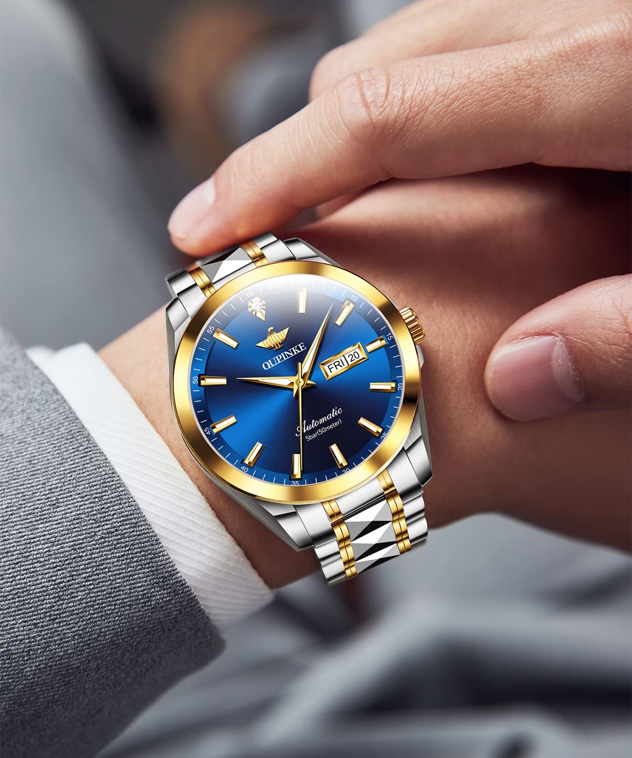 OUPINKE Men's Automatic Luxury Watch with Real Diamonds - Self-Winding Mechanical Gold Dress Watch - Waterproof Wristwatch for Business, Formal Events & Gifts