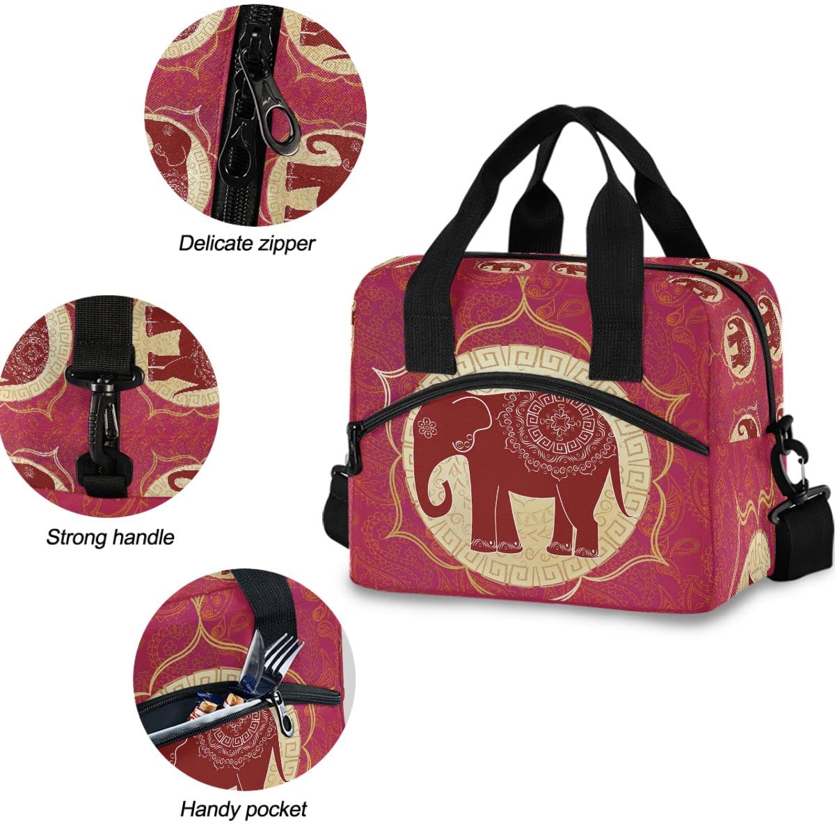 **MNSRUU Insulated Lunch Bag with Indian Elephant & Mandala Design - Reusable Leakproof Lunch Tote for Men & Women - Perfect for Work, School, Picnics & Outdoor Activities**