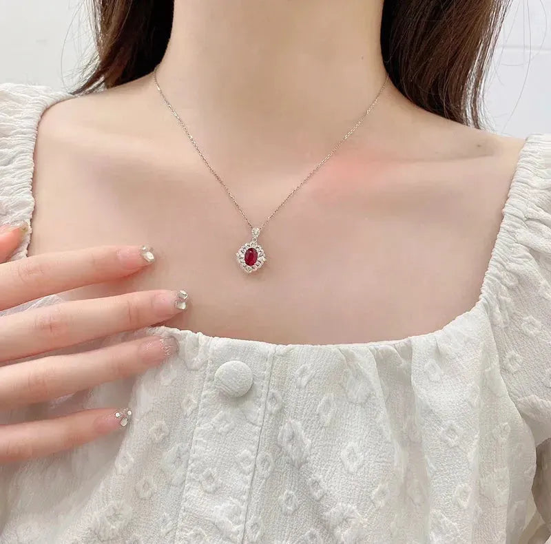 18K White Gold Luxury Necklace with Natural Ruby & Real Diamonds - Elegant Shiny Gemstone Jewelry for Women - Perfect for Weddings, Parties & Special Occasions