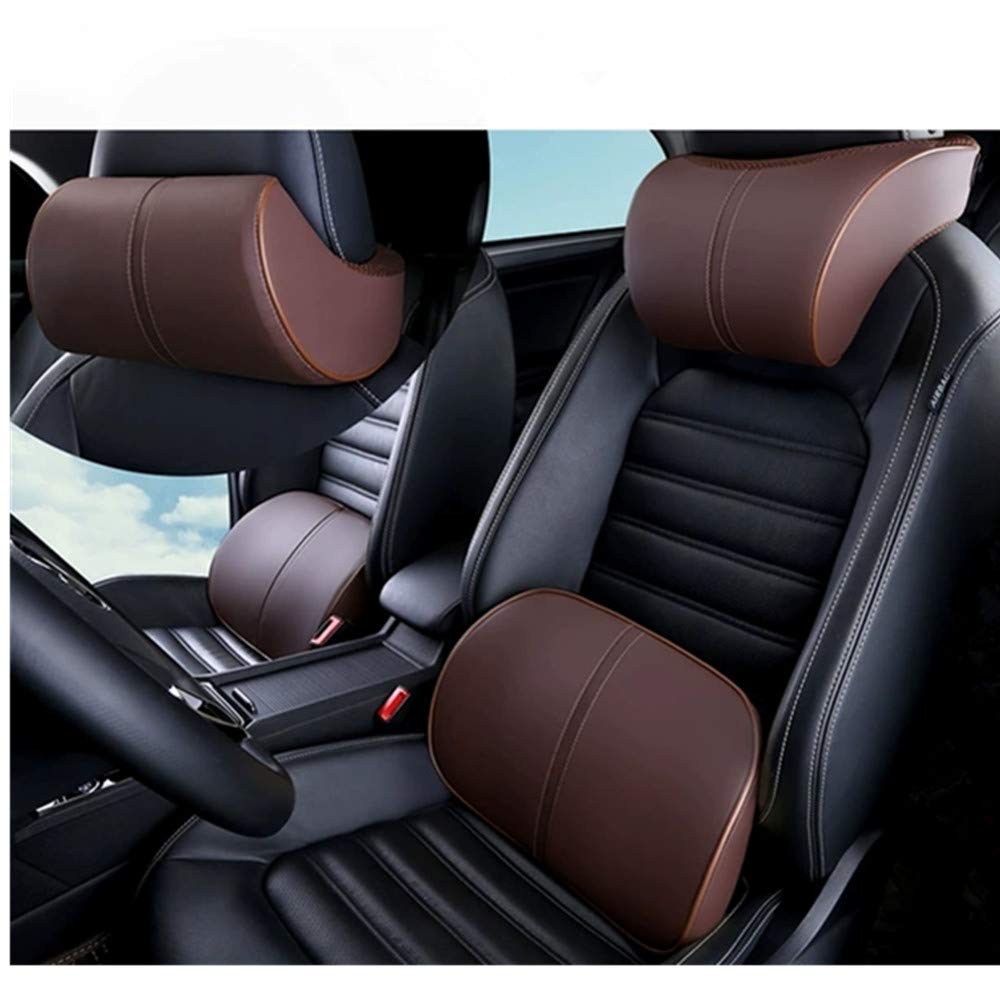 Ergonomic Car Seat Lumbar Support Pillow & Neck Pillow Set - Soft Leather Surface with High-Density Memory Foam for Comfort & Pain Relief - Perfect for Long Drives, Road Trips & Commuting (Brown)