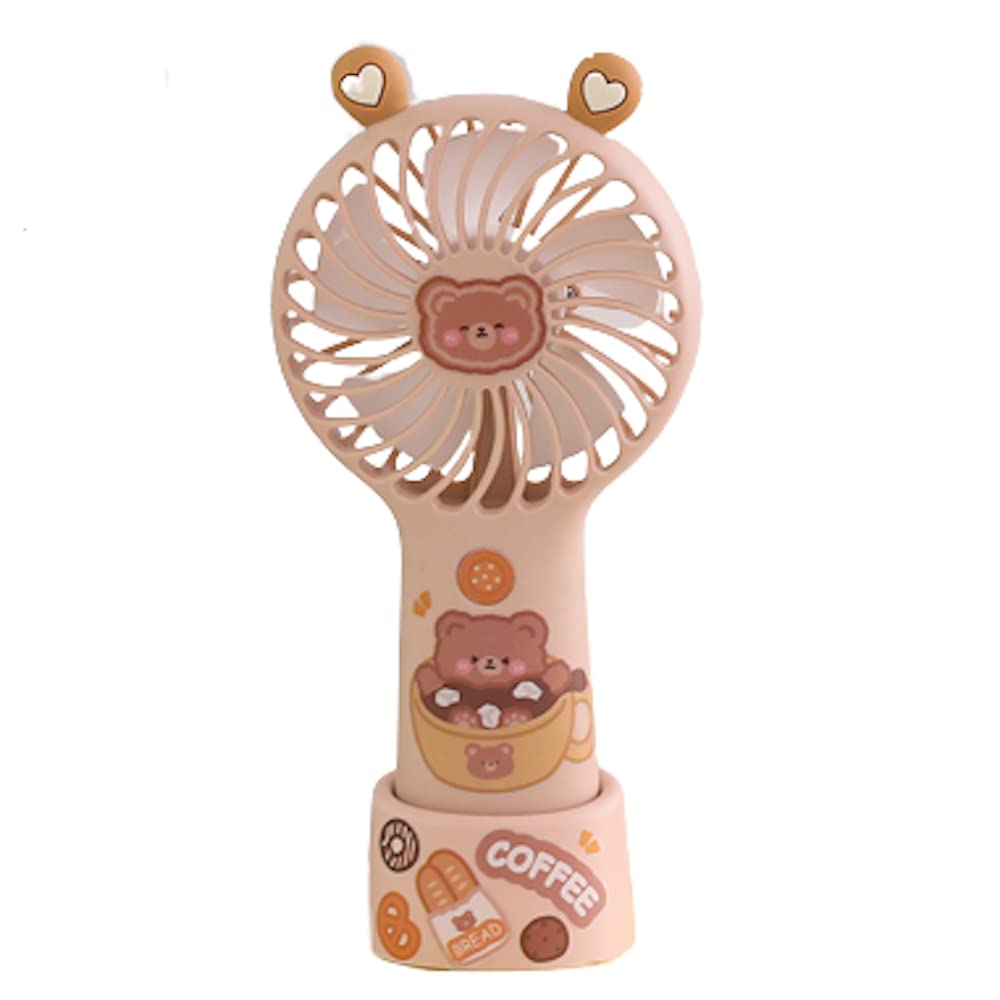Kawaii Portable Handheld & Desk Fan with Stickers - USB Rechargeable, Quiet Adjustable Airflow, Cute Brown Bear Design - Perfect for Girls Room, Office, Travel & Outdoor Use