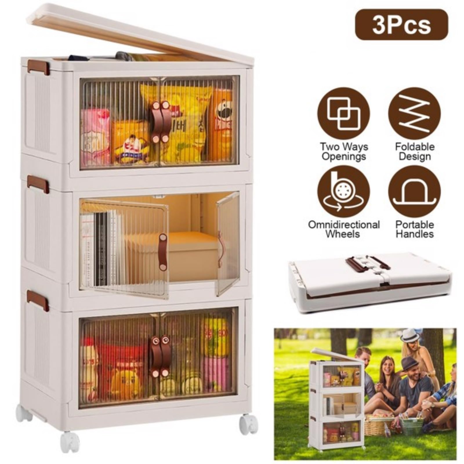 3 Pack Foldable Storage Boxes with Lids - Stackable Closet Organizers with Magnetic Front Door & 4 360° Rotating Wheels | Perfect for Bedroom, Closet, Office Organization & Home Storage Solutions