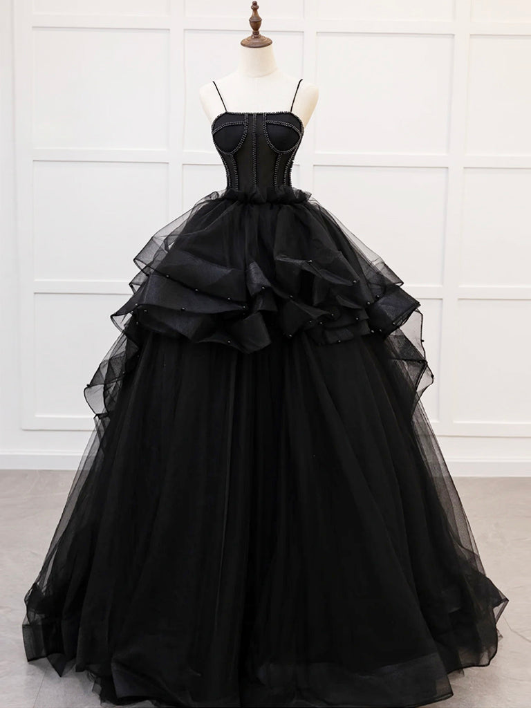 Elegant A-Line Tulle Beads Black Long Prom Dress for Sweet 16, Homecoming, and Formal Events - Plus Size Available