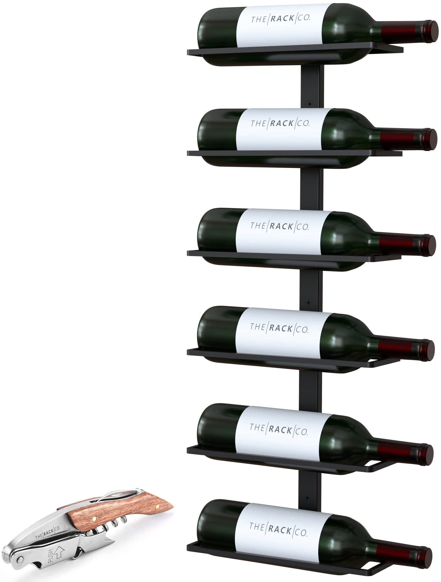 TheRackCo. Wall Mounted Wine Bottle Rack - Black Metal Frame Holds 6 Bottles | Space Saving Home Bar Decor for Kitchen, Dining Room & Wine Cellar Organization