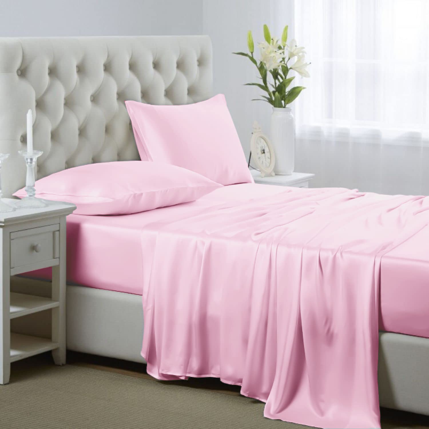 Luxury Silk Satin Sheets Set - California King Size with Deep Pockets | Cooling, Soft & Hypoallergenic Bedding | Perfect for Hot Sleepers & Allergy Sufferers | Pink Satin Sheets for Elegant Bedroom Decor