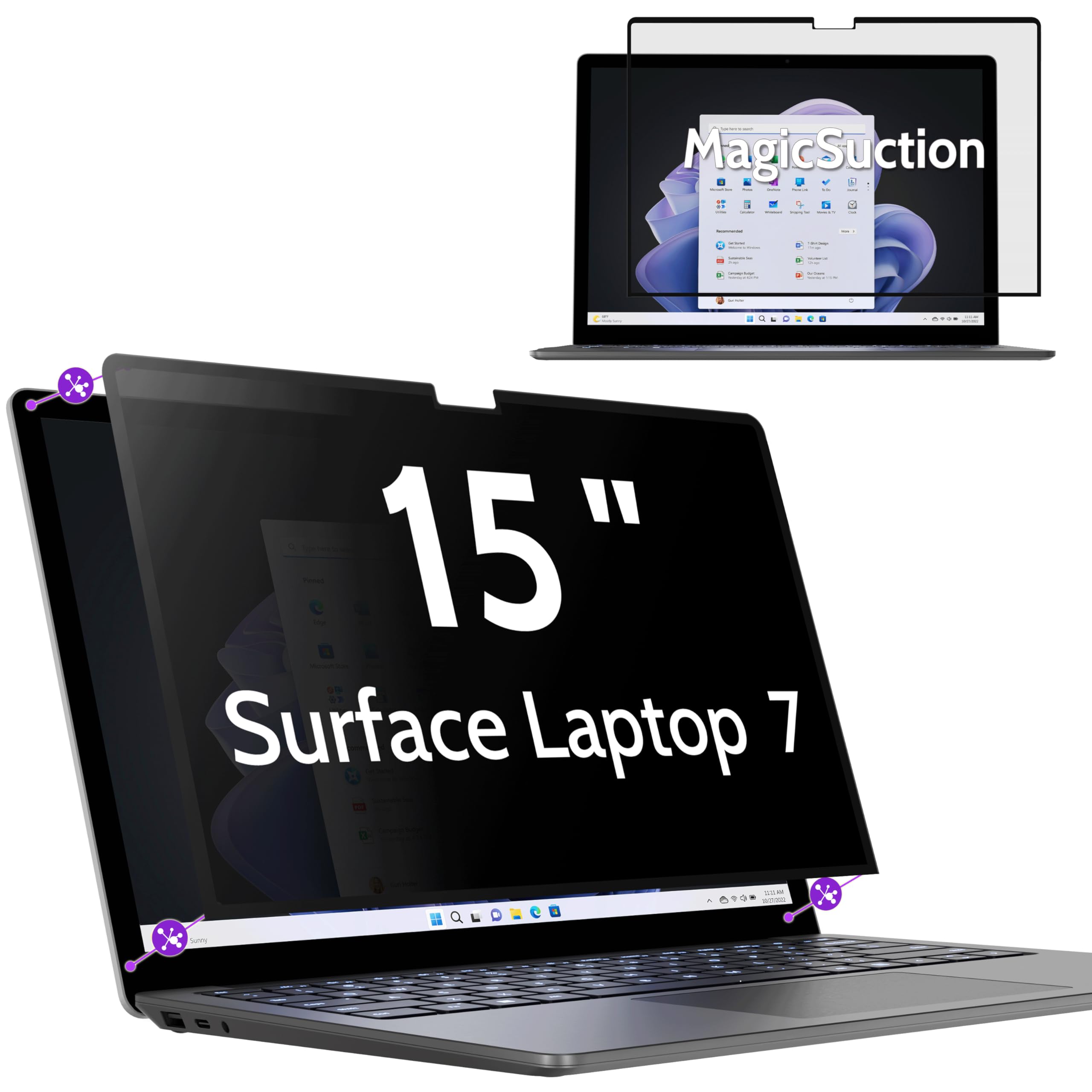 15 Inch Surface Laptop 7 Privacy Screen Protector - MagicSuction™ Anti-Spy Removable Filter with Blue Light & Glare Reduction for Microsoft Laptop | Perfect for Office, Travel & Public Workspaces