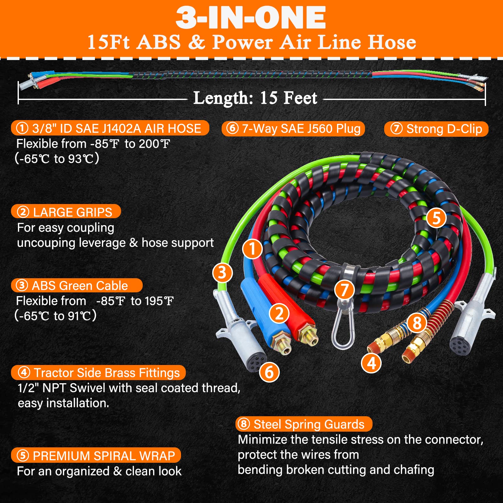 KOOTANS 15FT Semi Truck Air Brake Lines Kit - 3-in-1 Red & Blue Air Hoses with 7-Way Trailer Cord, Glad Hands & Tender Spring for Tractor Trailers | Heavy Duty Replacement for Freightliner, Peterbilt, Kenworth | Ideal for Long Haul Trucking & Fleet Maintenance