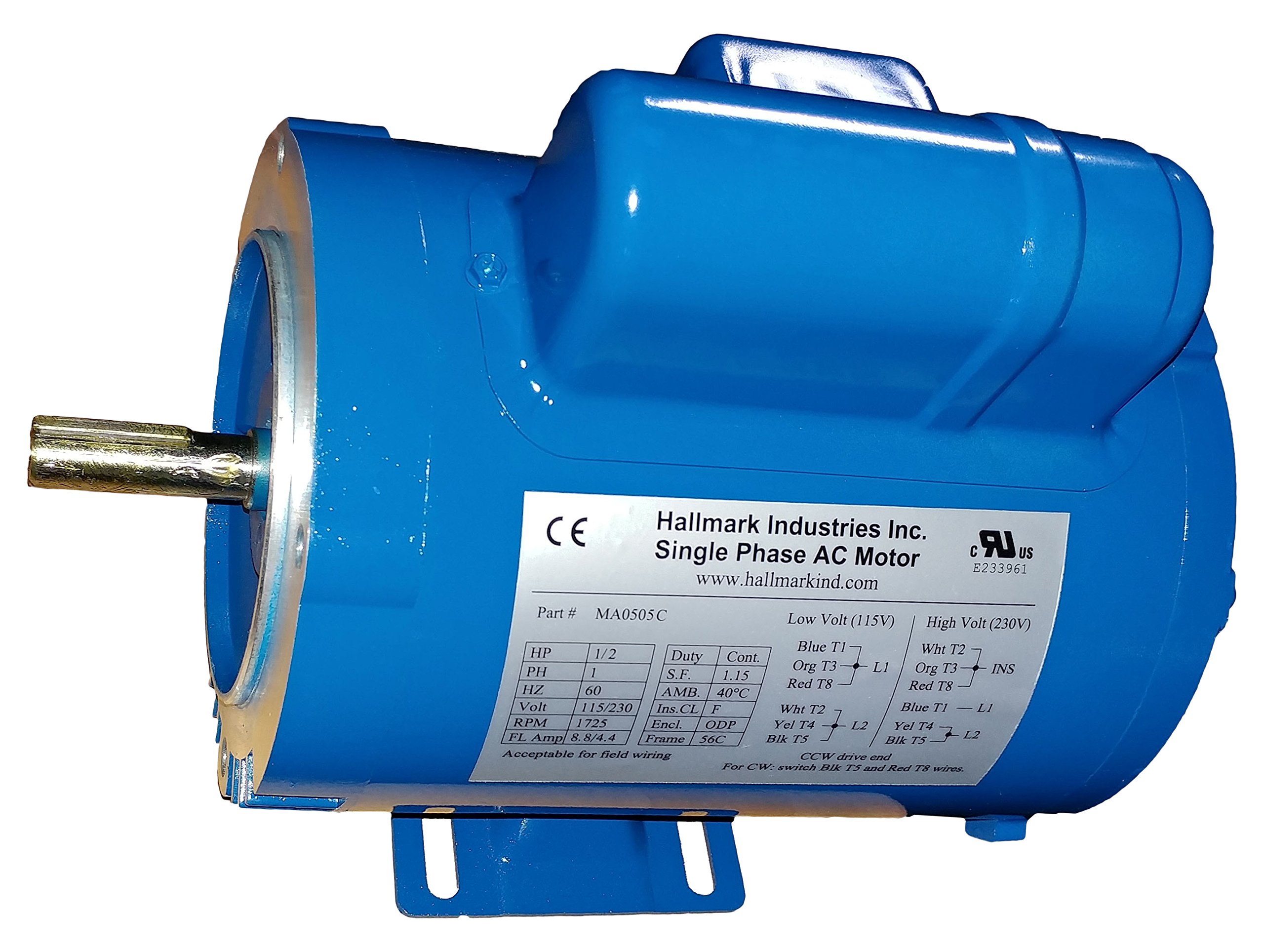 Hallmark Industries MA0505C 1/2 HP AC Motor - 1725 RPM, 115/208-230V, 1PH/60Hz, 56C/ODP Frame, Capacitor Start with Foot Mount - Steel Construction (SF 1.15) - Ideal for Pumps, Fans, and Light Industrial Equipment