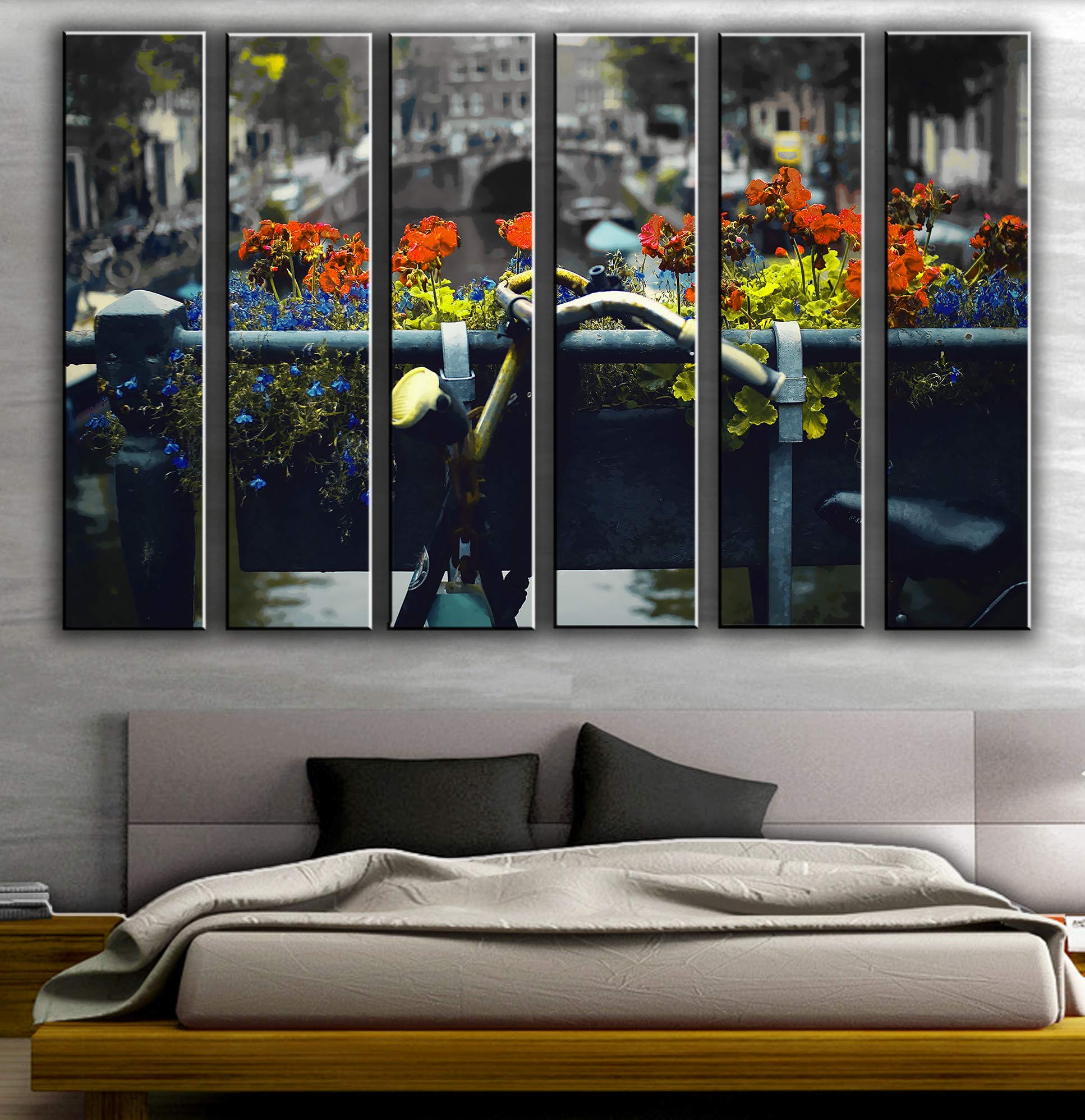 6 Piece Amsterdam Bicycle Wall Art Set - Flowers & Nature Theme Canvas Painting Prints for Living Room & Bedroom Decor - Perfect for Dutch Inspired Home Decor & Cycling Enthusiast Gifts