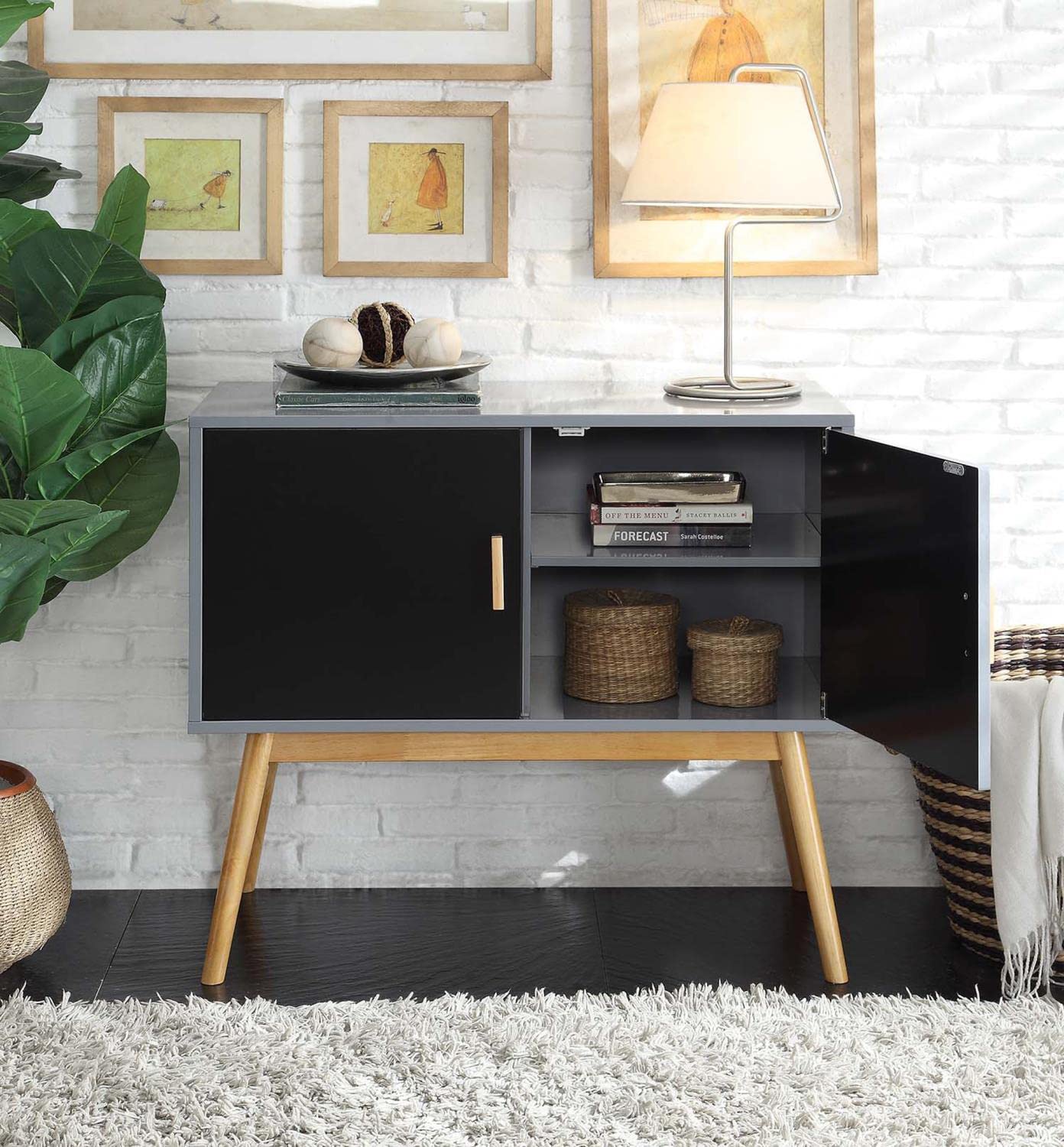 Convenience Concepts Oslo Storage Console - Modern Gray & Black Entryway Table with Shelves for Living Room, Bedroom, or Hallway Organization