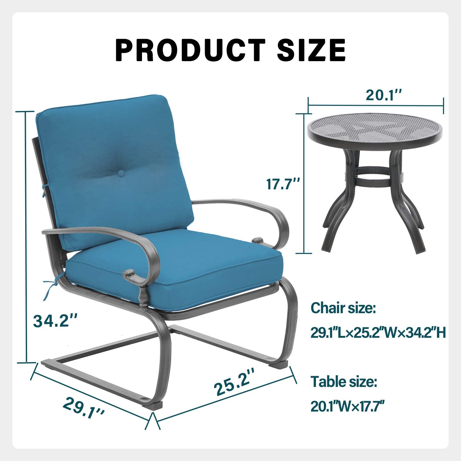 SUNCROWN 3-Piece Outdoor Patio Bistro Set with Spring Motion Chairs & Round Cafe Table - Steel Frame Conversation Furniture with Cushions (Peacock Blue) - Perfect for Garden, Balcony, and Backyard Relaxation