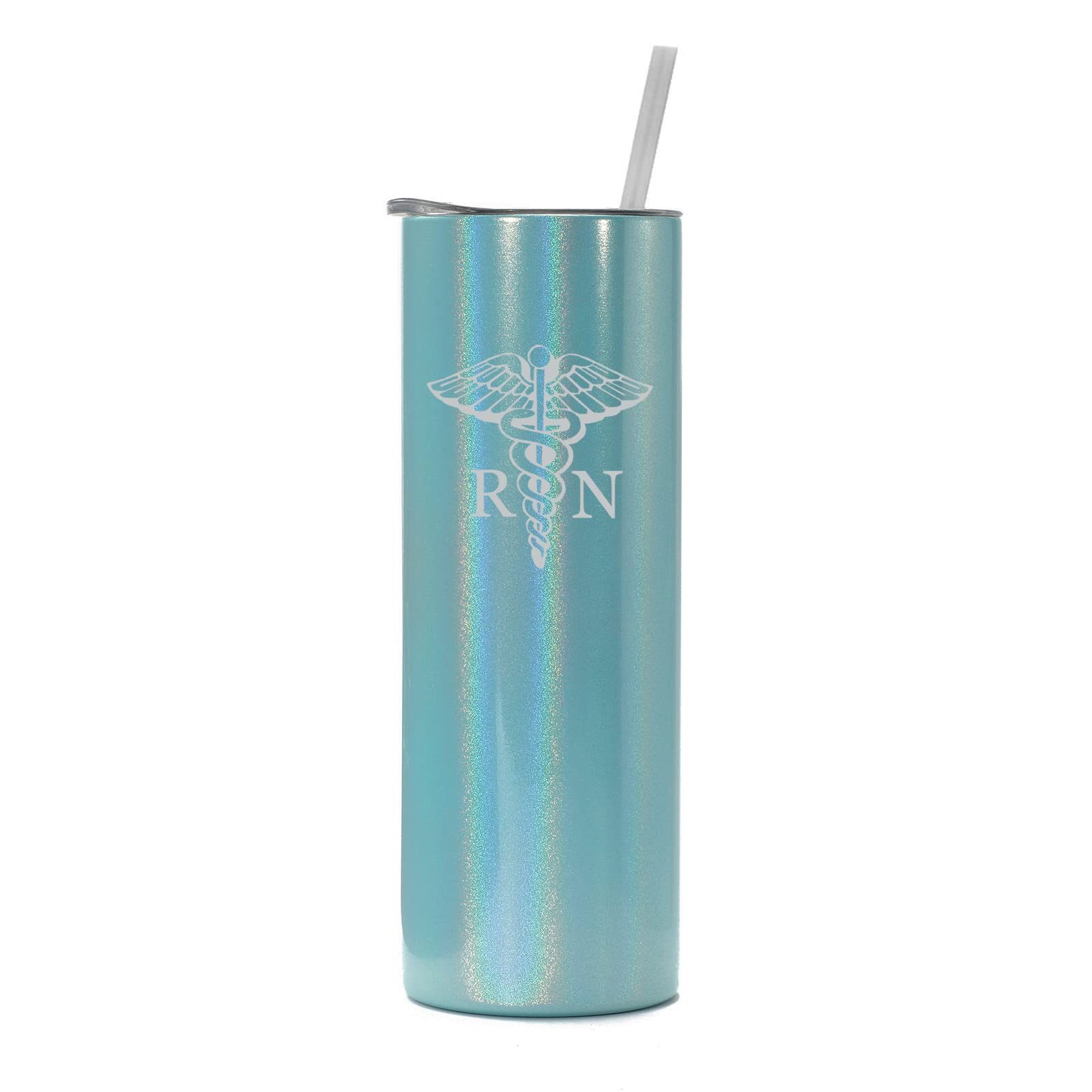 20 oz Skinny Tall Stainless Steel Vacuum Insulated Tumbler with Straw - RN Registered Nurse Design (Light Blue Iridescent Glitter) - Perfect for Travel, Office & Nursing Shifts