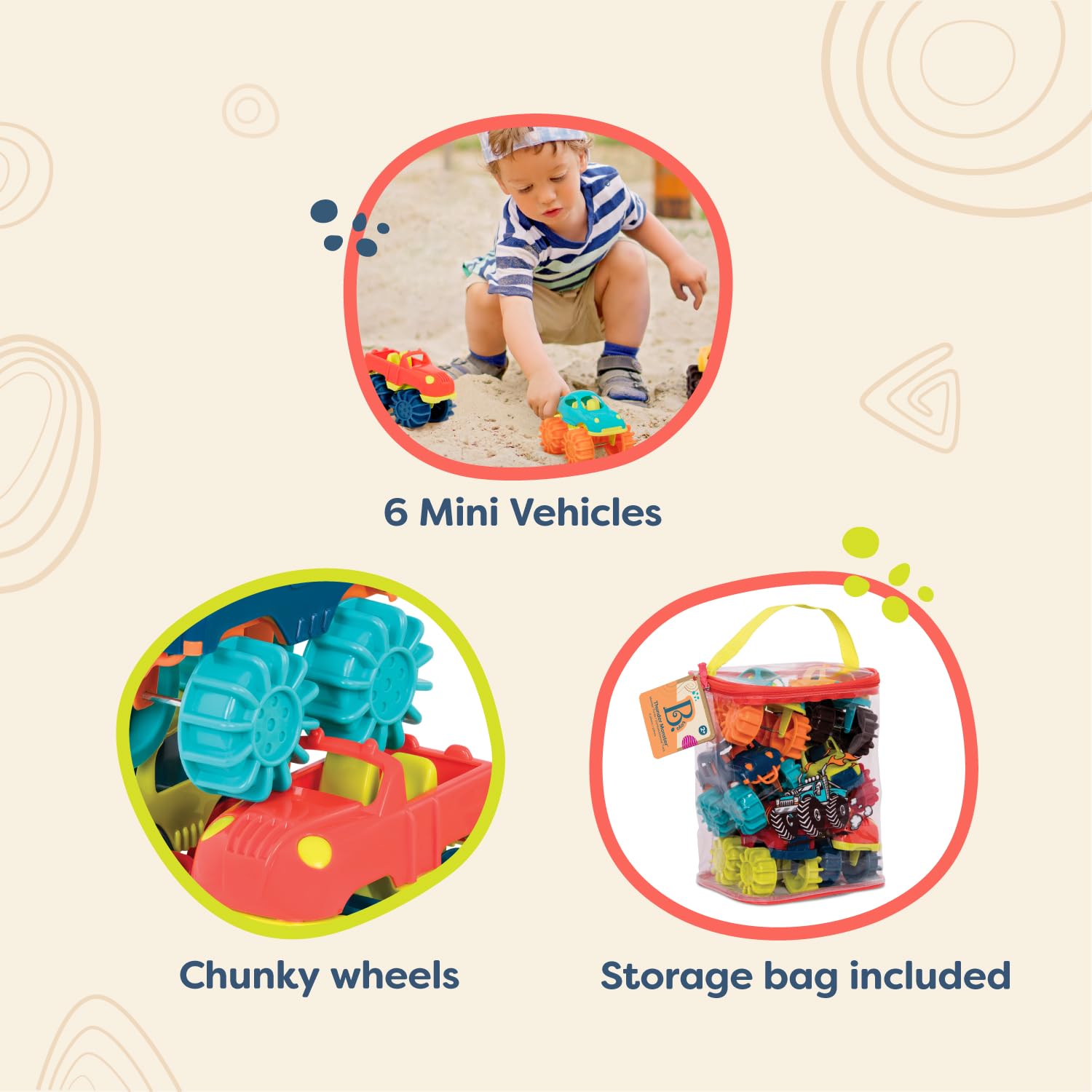 B. Toys - 6-Pack Plastic Toy Cars with Storage Bag | Colorful Mini Monster Trucks for Toddlers 2+ Years | Easy to Clean | Perfect for Playtime, Birthday Gifts & Preschool Learning Activities
