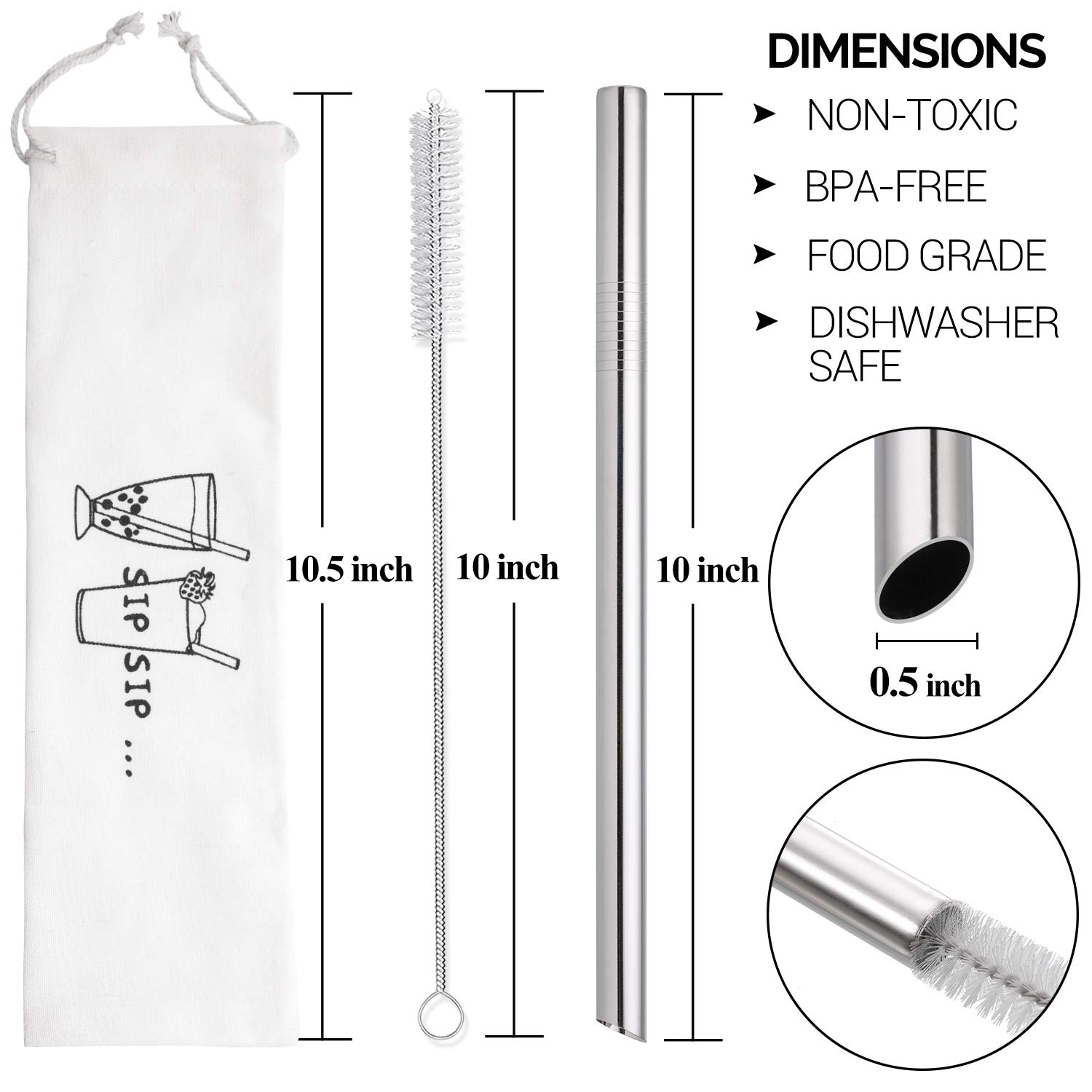 2 Pack Wide Stainless Steel Boba Straws for Bubble Tea & Smoothies | Reusable Angled Tips