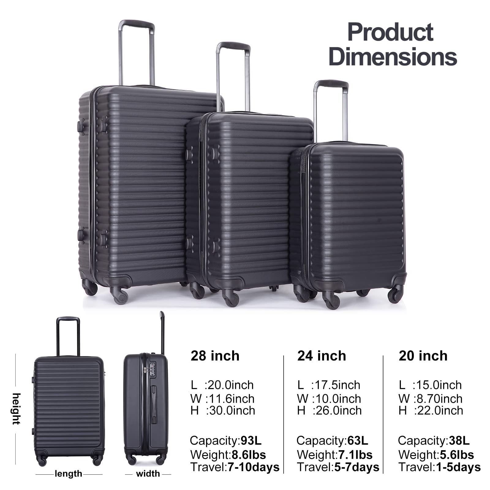 Durable Lightweight Hardshell Luggage Set with Spinner Wheels & TSA Lock - 3-Piece Carry-On Suitcase (20