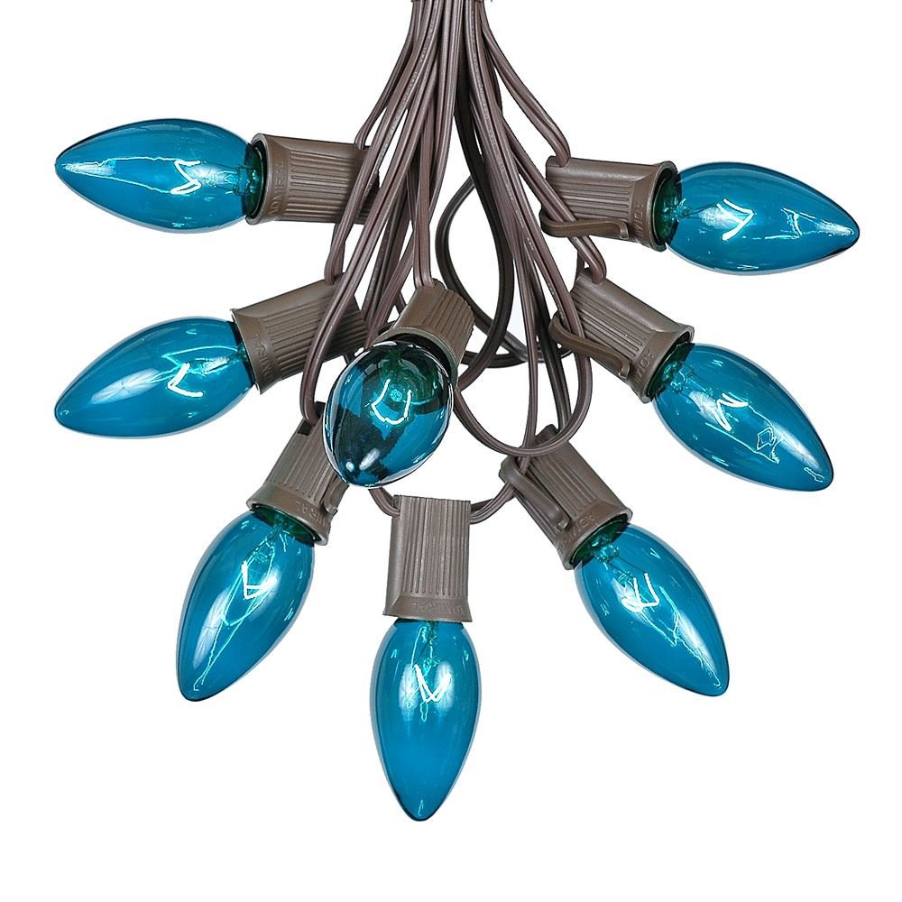 C9 Teal Christmas String Light Set - 100ft Outdoor Christmas Lights with Brown Wire for Roofline, Patio & Hanging Decor - Waterproof LED Holiday Lights for Garden, Yard, Party & Wedding Decoration
