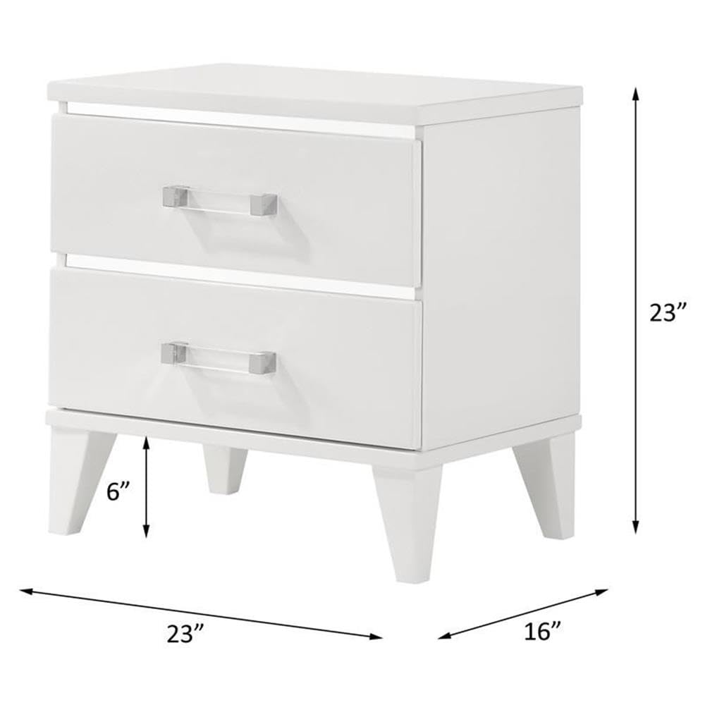 Acme Chelsie White Wooden 2-Drawer Nightstand with Modern Acrylic Bar Handles - Perfect Bedside Table for Bedroom, Guest Room & Nursery Storage