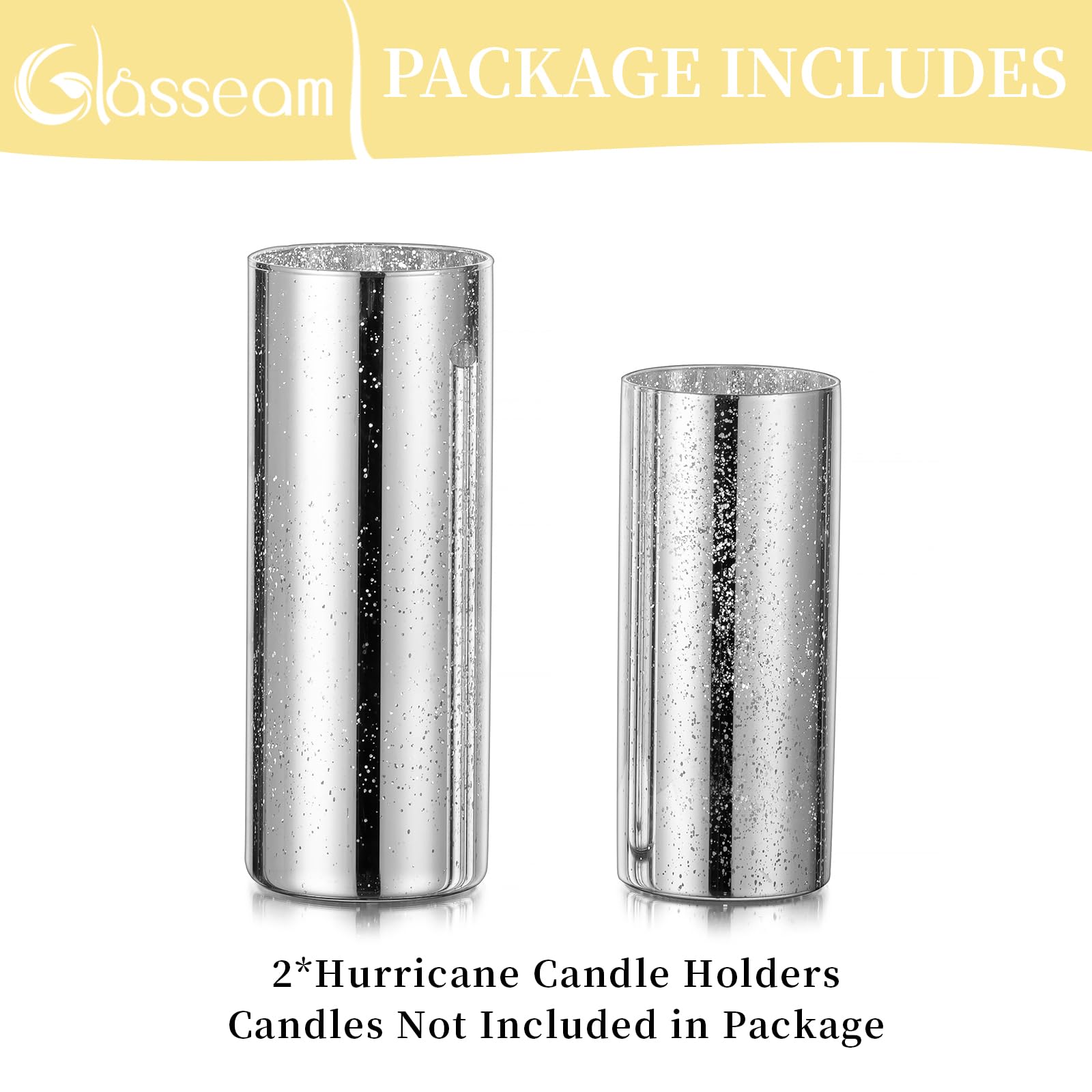 Glasseam Silver Hurricane Candle Holder Set of 2 - Modern Mercury Glass Cylinder Candle Holders for Pillar Candles, Floating Candle Vases - Perfect for Wedding Centerpieces, Dining Table Decor, Christmas Holiday Home Decor