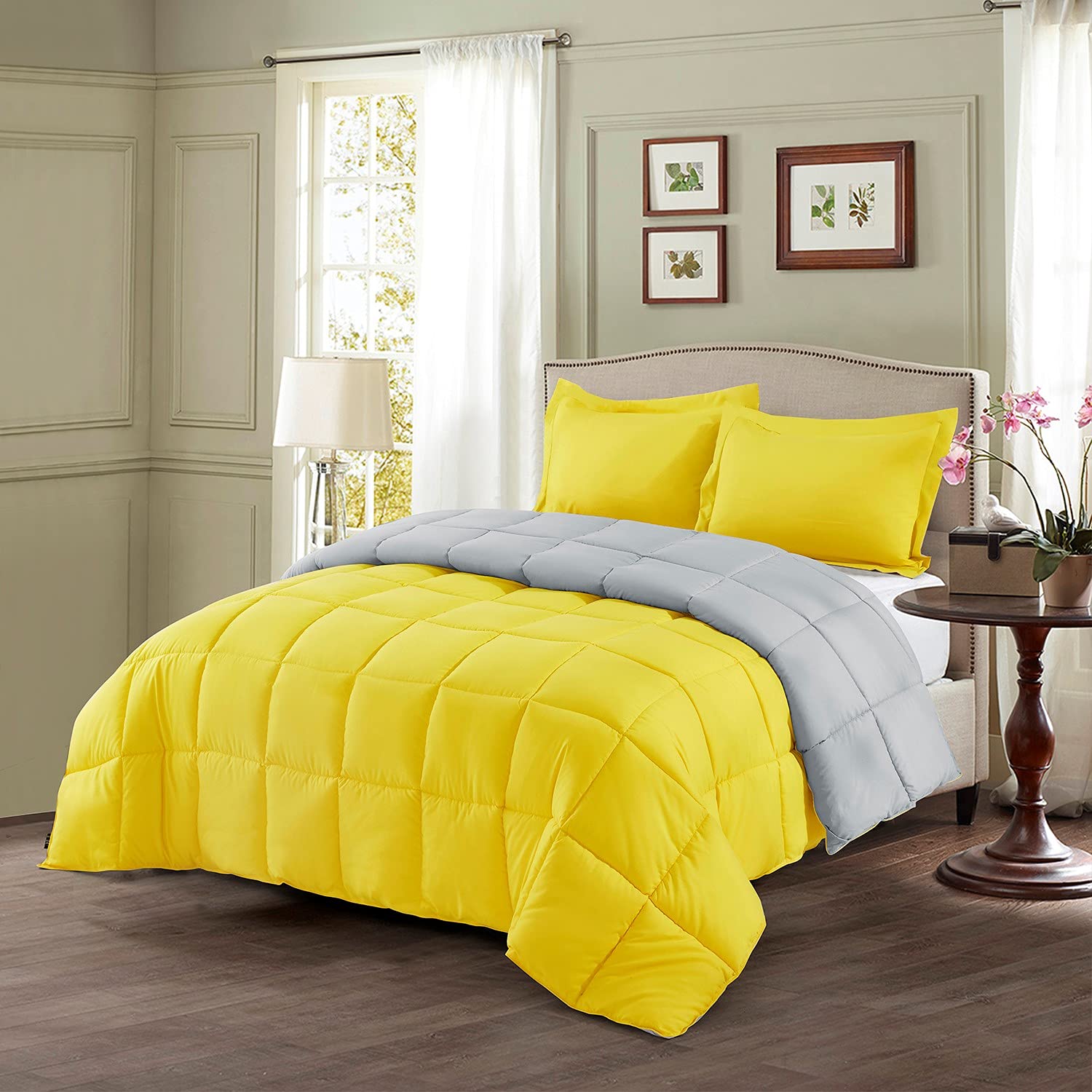 3 Piece All Season Goose Down Alternative Comforter Set - Queen Size Reversible Box Stitched Quilted Duvet Insert with 2 Shams & Corner Tabs, Soft Plush Yellow - Perfect for Bedroom Decor, Guest Room & Cozy Winter Nights
