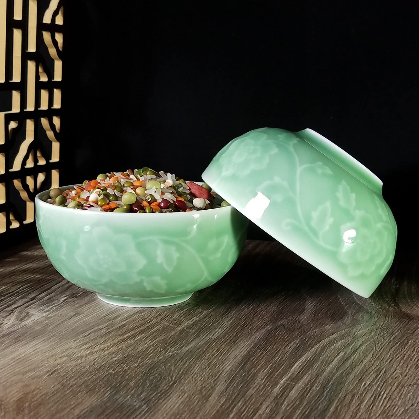 4.5 Inch Chinese Porcelain Rice Bowl with Hand-Painted Peony Design - Light Green Asian Dinnerware for Home Dining & Restaurant Use