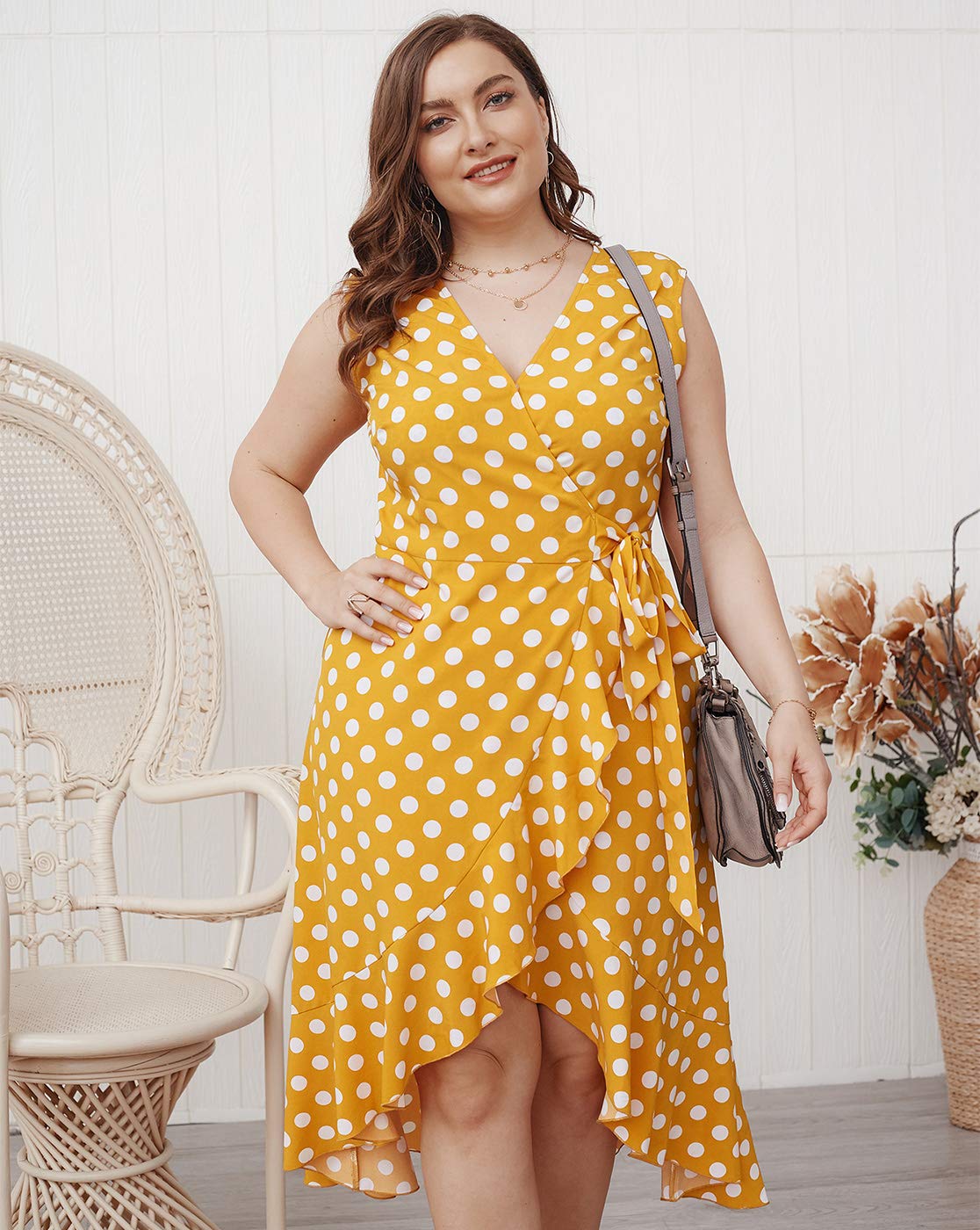 Plus Size Women's Summer Dress - Sleeveless Polka Dot Bohemian Wrap Dress with Belted Empire Waist & Asymmetrical Hem | Perfect for Beach Vacations, Date Nights & Summer Parties
