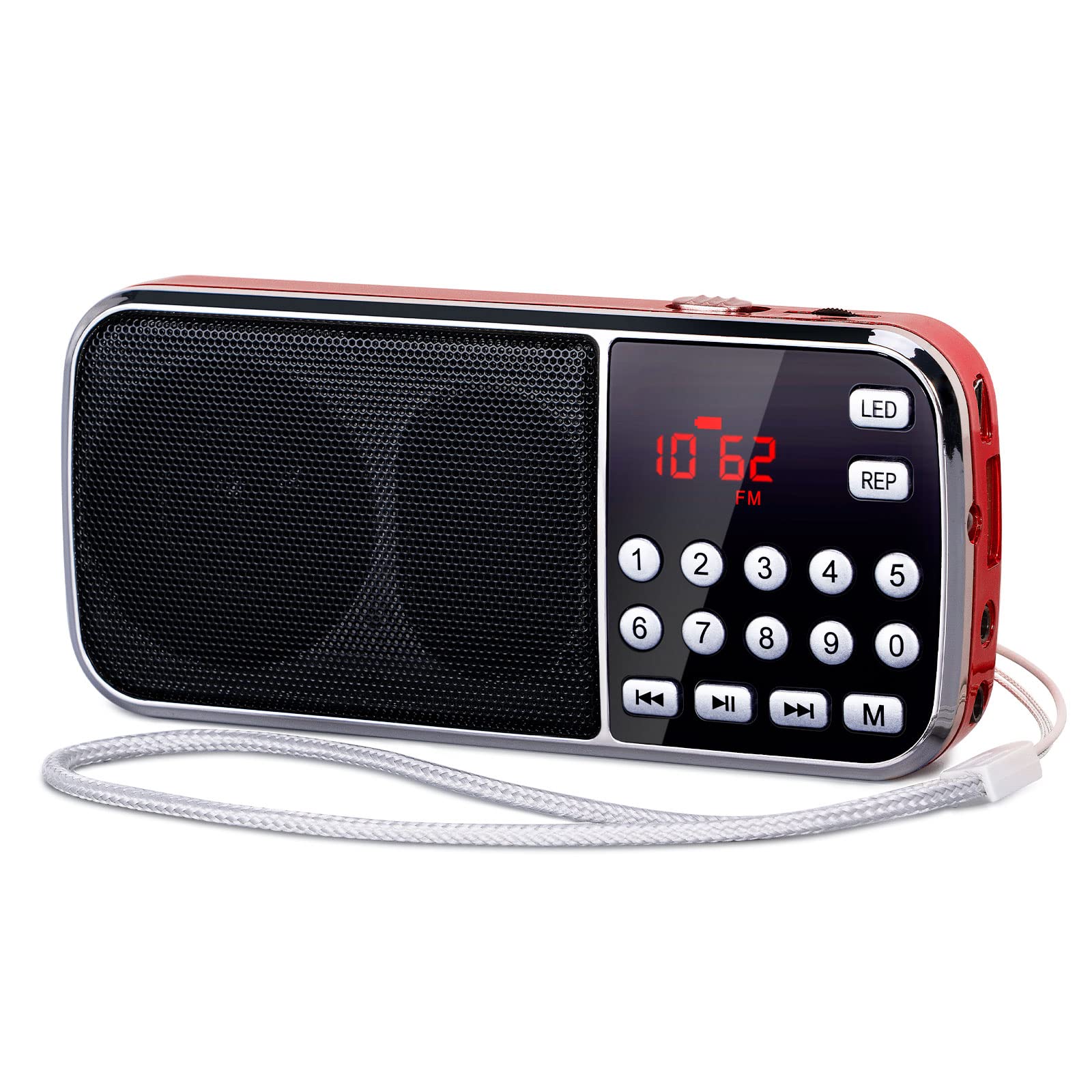 PRUNUS J-189 Portable Bluetooth AM/FM Radio with Dual Speakers & Heavy Bass - Rechargeable Pocket-Sized Radio with LED Flashlight, TF Card/USB/AUX MP3 Player (Red) - Perfect for Camping, Travel, and Emergency Use
