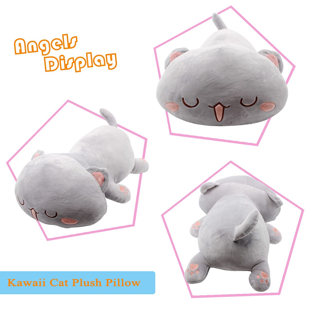 Soft Anime Kitten Plush Toy - 25.5 Inch Gray Squinting Eyes Stuffed Animal, Cute Hugging Pillow for Kids & Cat Lovers | Perfect for Bedroom Decor, Gift Giving, and Stress Relief