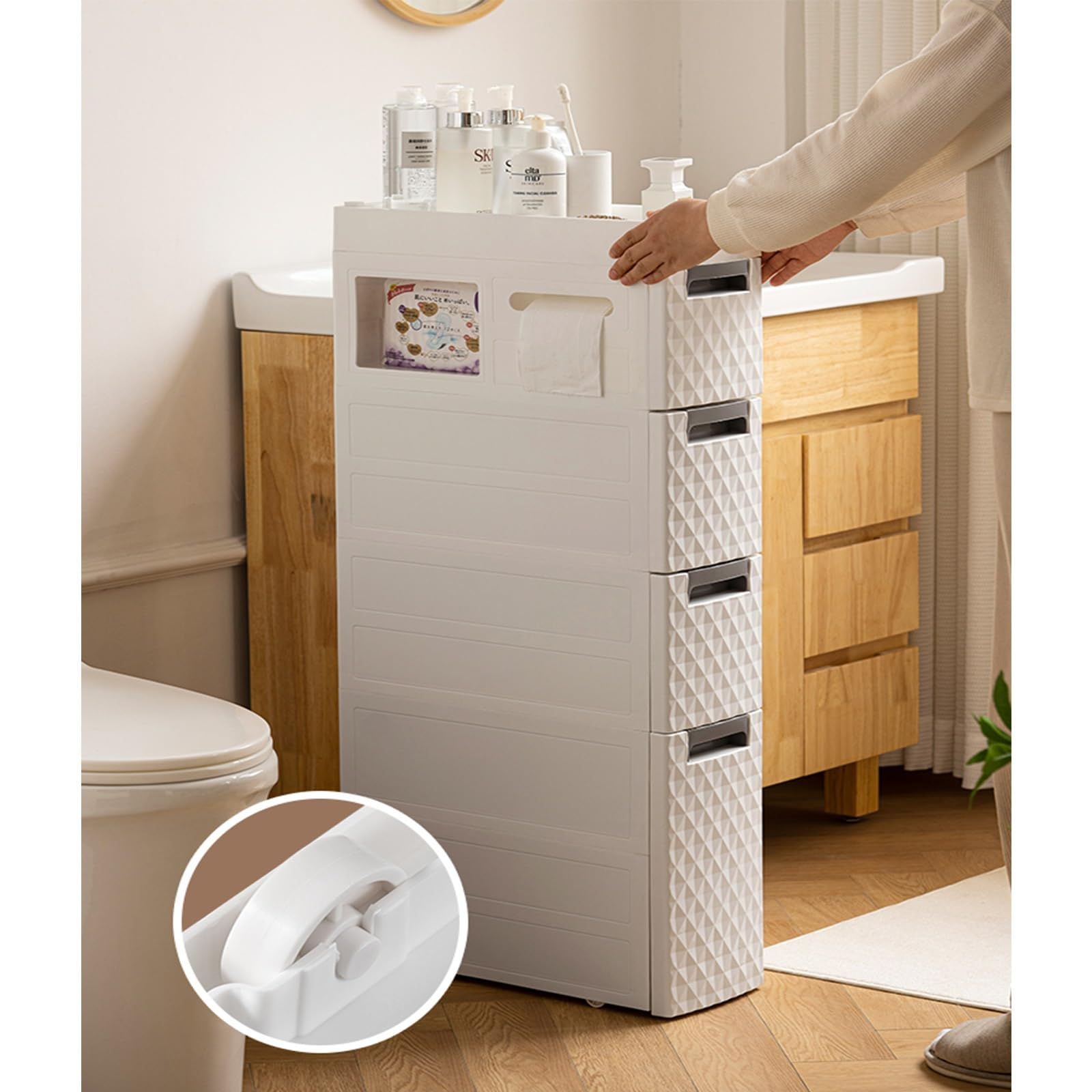 18CM/7.1IN Narrow Plastic Bathroom Storage Cabinet with Drawers & Shelf - Space-Saving Bathroom Organizer with Dual-Sided Tissue Holder - Perfect for Small Bathrooms, Apartments & RVs