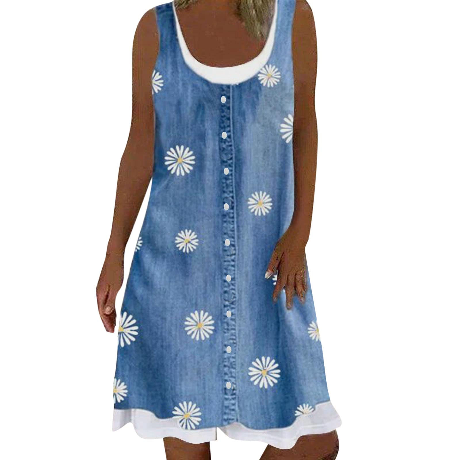 Women's Floral Print Sleeveless Denim Mini Dress - Casual Loose Fit Beach Sundress with Crew Neck | Perfect for Summer Vacations, Beach Outings and Casual Daywear