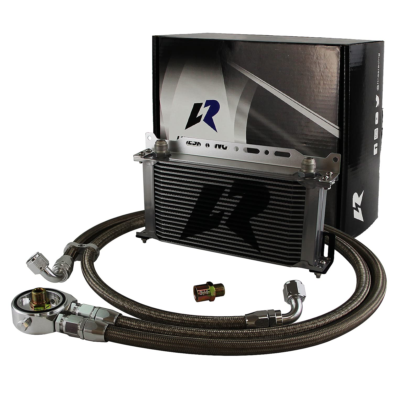 Universal AN10 19-Row Aluminum Engine Transmission Oil Cooler Kit with Bracket & Adapter Hose (34X16 & M20X1.5) - Silver - Perfect for Racing, Off-Road & High-Performance Vehicles