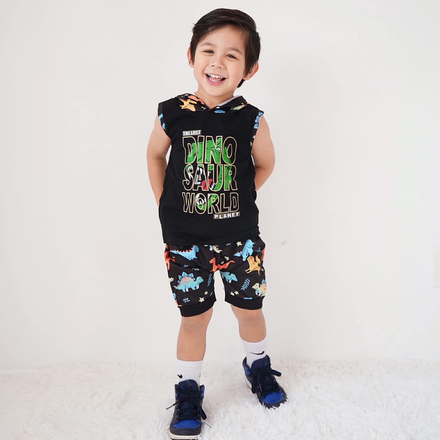 **HINTINA Boys Dinosaur Sleeveless Hoodie & Shorts Set - Toddler Summer Outfit for Playtime, Outdoor Adventures & Casual Wear**