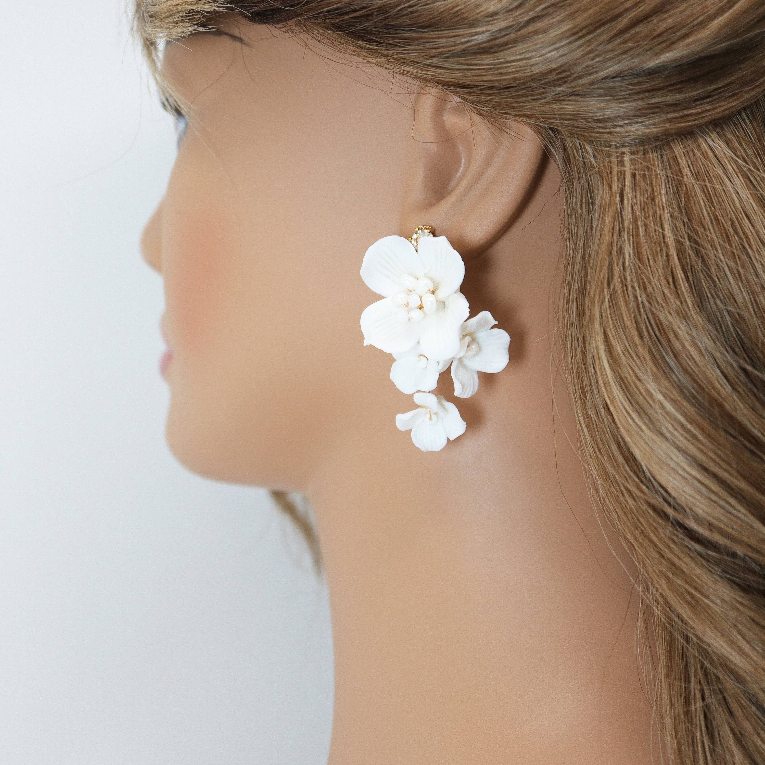 Swarovski Crystal Bridal Earrings - White Ceramic Flower Pearl Drop Dangle Earrings for Wedding, Prom & Evening Wear - Sparkling Statement Jewelry with CZ Stones
