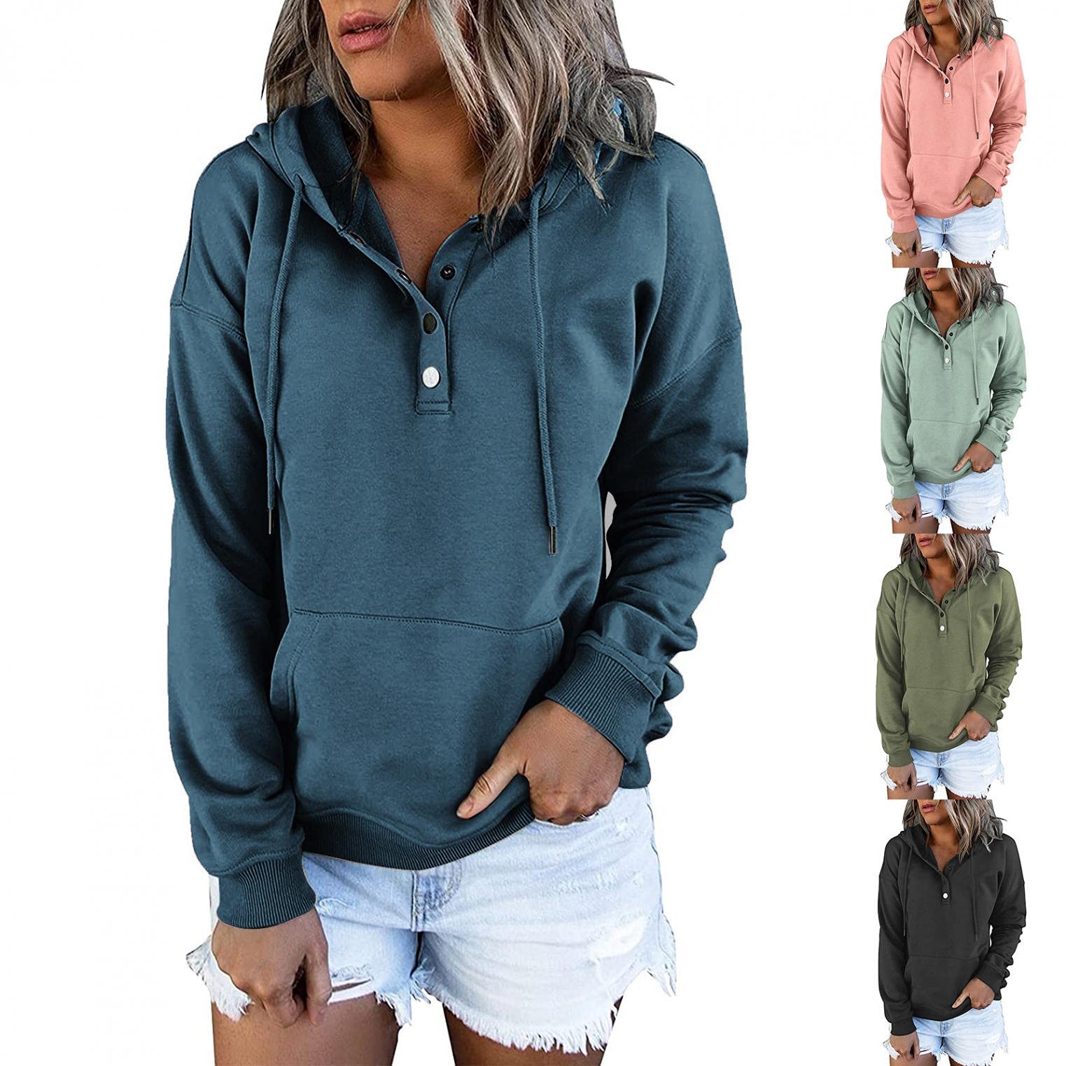 AIHOU Women's Graphic Pullover Hoodie with Drawstring & Button Down Pocket - Trendy Long Sleeve Y2K Sweater Blouse for Casual Outfits, Streetwear & Loungewear