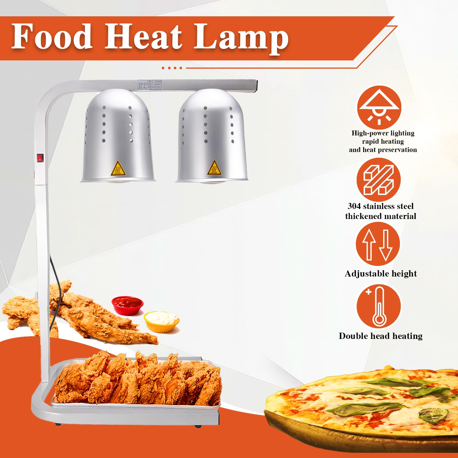 Commercial Electric Food Warmer Heat Lamp - 500W Silver Freestanding Two-Bulb Food Heat Light for Restaurants, Buffets, Catering & Outdoor Parties - Perfect for Keeping Dishes Warm at Events, Banquets and Food Service Stations