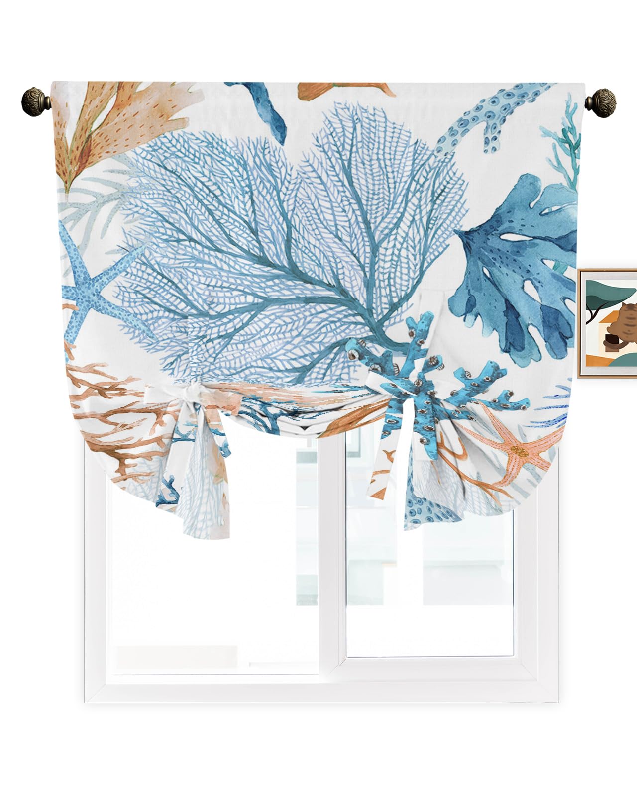 DecorLovee 63 Inch Sea Coral Tie Up Curtains - Adjustable Balloon Shades for Indoor Windows, Thermal Insulated Kitchen Drapes in Ocean Teal & Brown (42x63 Inch) | Perfect for Beach House Decor, Coastal Living Rooms & Summer Window Treatments