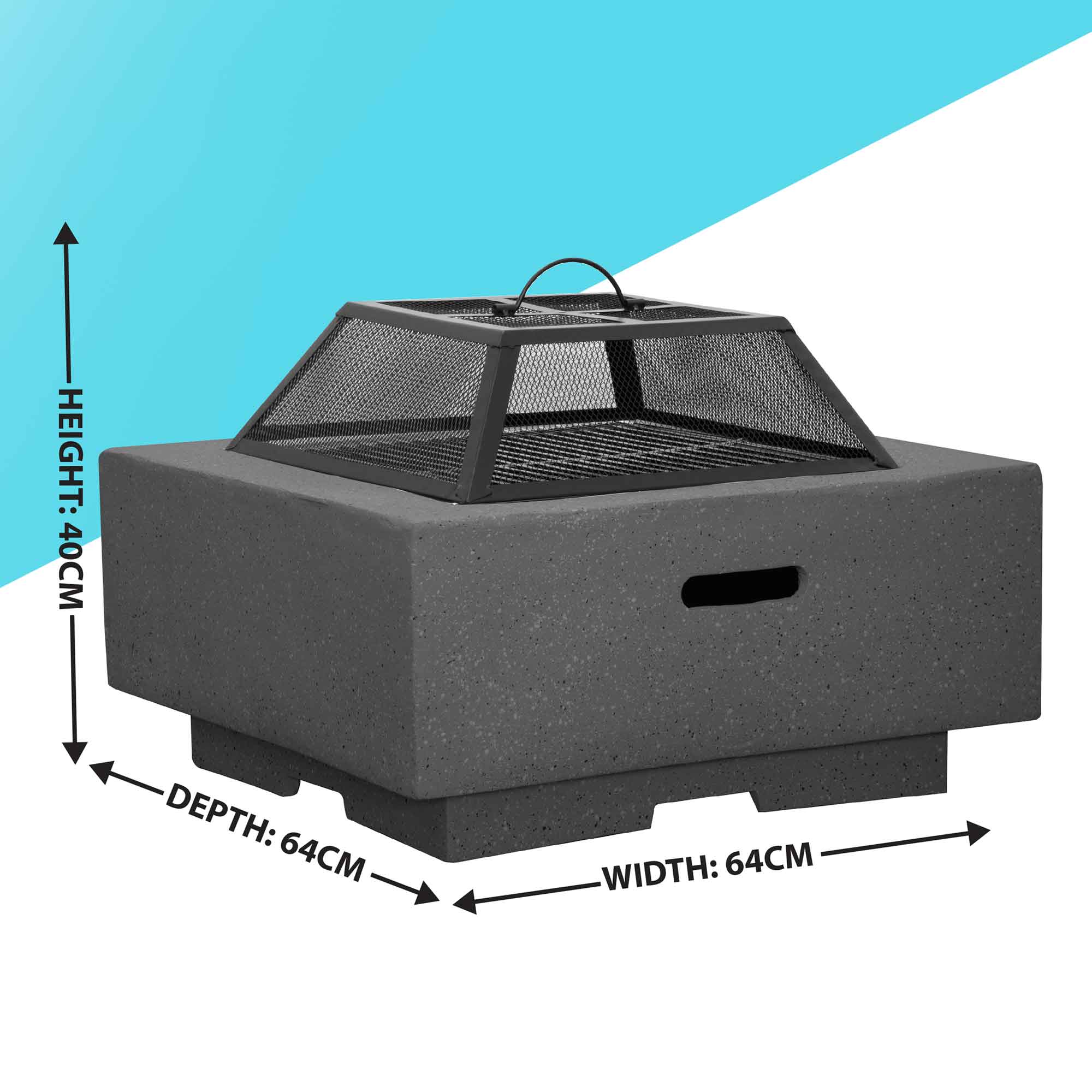 Dark Grey Square MgO Fire Pit with BBQ Grill, Safety Mesh Screen & Fire Poker - Outdoor Camping, Backyard Bonfire, Patio Heating & Grilling