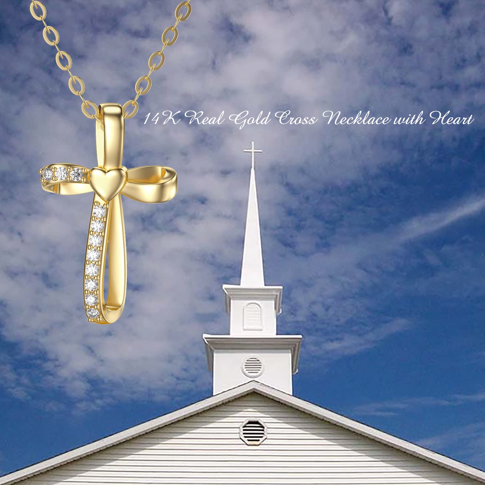 14K Real Gold Cross Necklace for Women & Girls - Yellow Gold Religious Pendant Necklace, Faith Jewelry Gift for Birthday, Christmas, Baptism - 16+2 Inch Chain - Perfect for Church, Weddings & Daily Wear