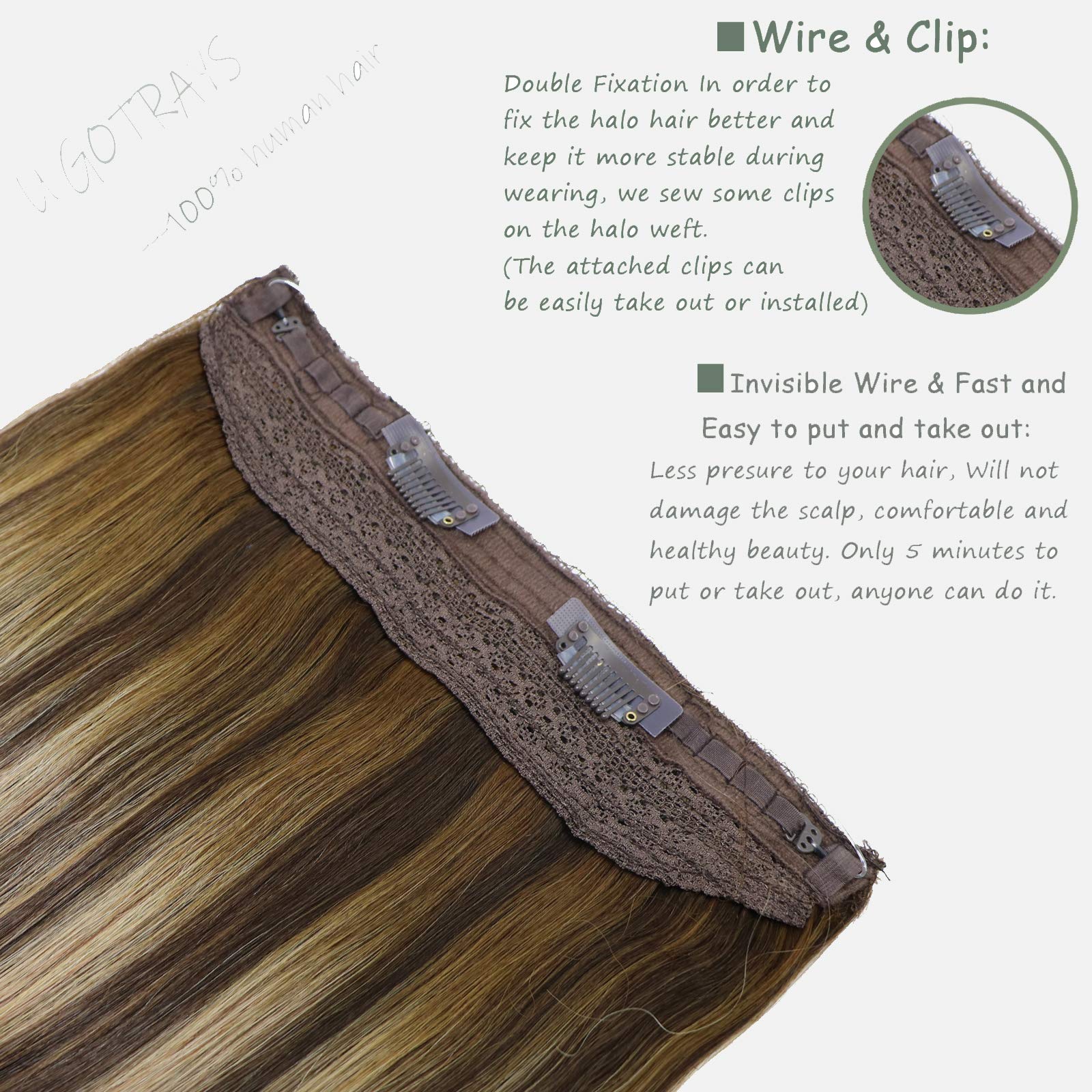 20 Inch Straight Wire Hair Extensions - Dark Brown Mixed Caramel Blonde - 100% Real Human Hair - Invisible Adjustable One Piece (100g/Set) for Daily Styling, Parties & Special Occasions