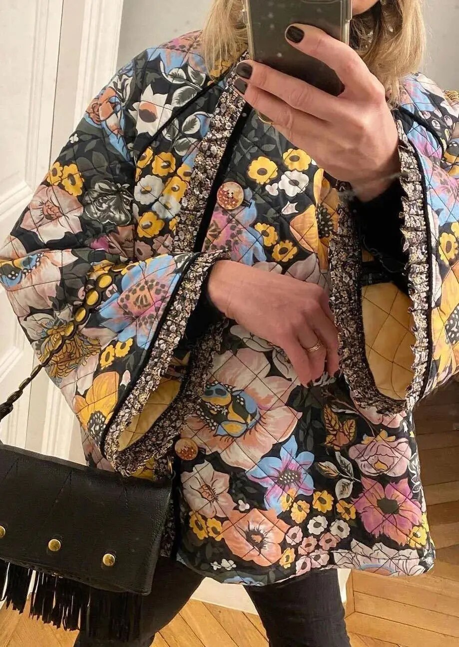 Women's Floral Print Patchwork Long Sleeve Cotton Coat - Thick Warm Winter Jacket for Casual Streetwear | Perfect for Autumn Outfits & Cold Weather Fashion