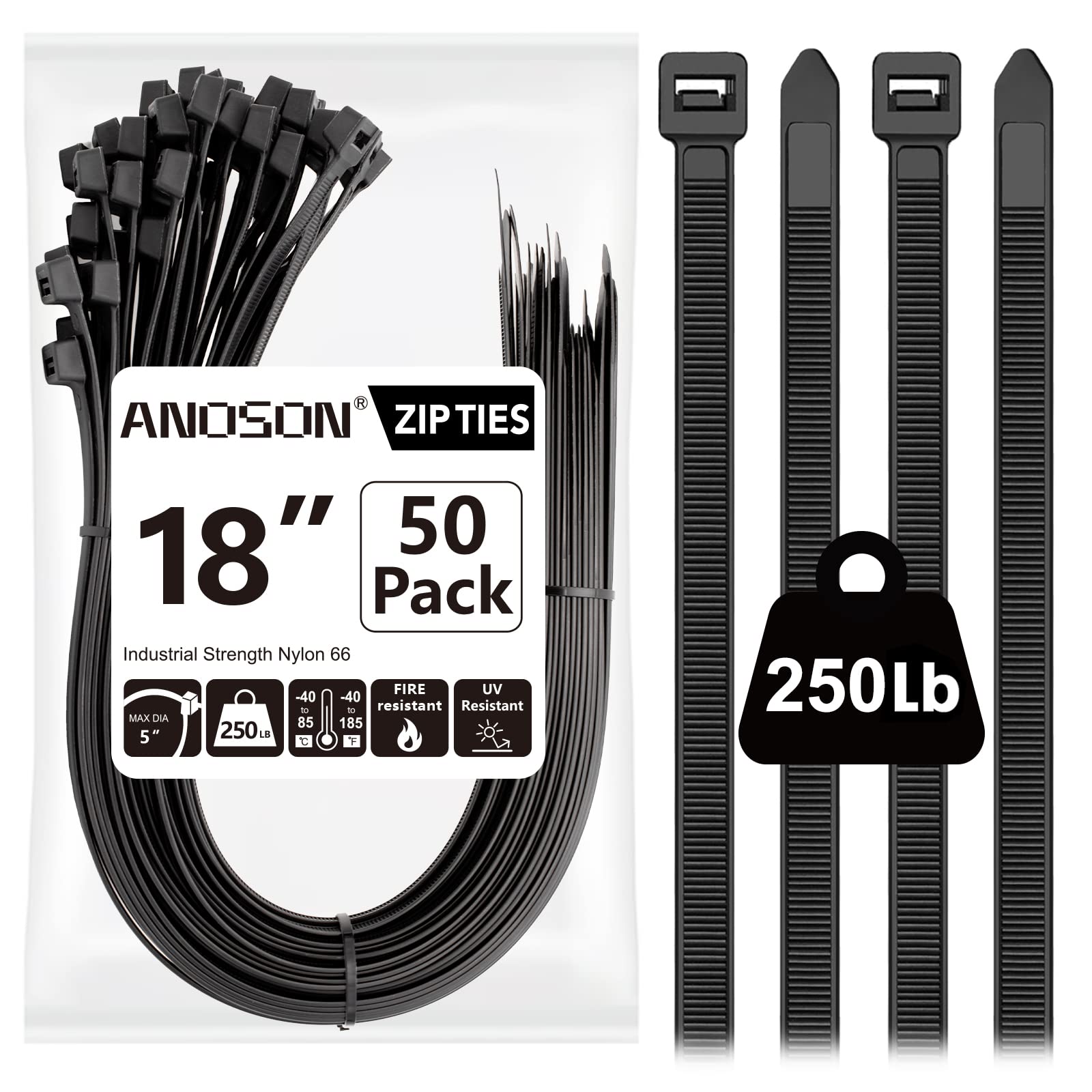 ANOSON Heavy Duty Large Zip Ties 18 Inch (Actual 20 Inch) - 50 Pack Black Big Cable Ties with 250 lb Tensile Strength - Perfect for Home Organization, Cable Management, and Industrial Use