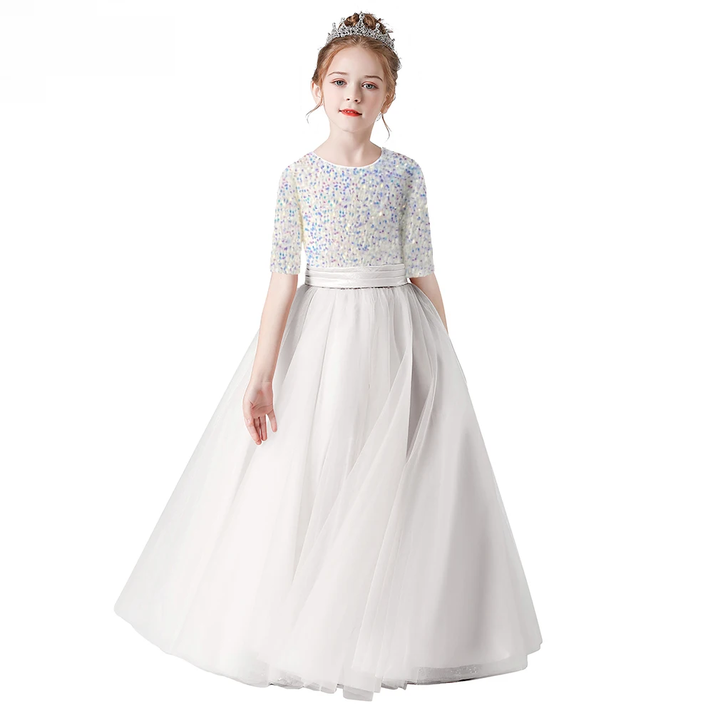Sparkly Sequin Tulle Long Gown for Girls with Half Sleeves – Elegant Party, Pageant, or Wedding Dress for Special Occasions | Perfect for Birthday Celebrations, Dance Performances & Formal Events
