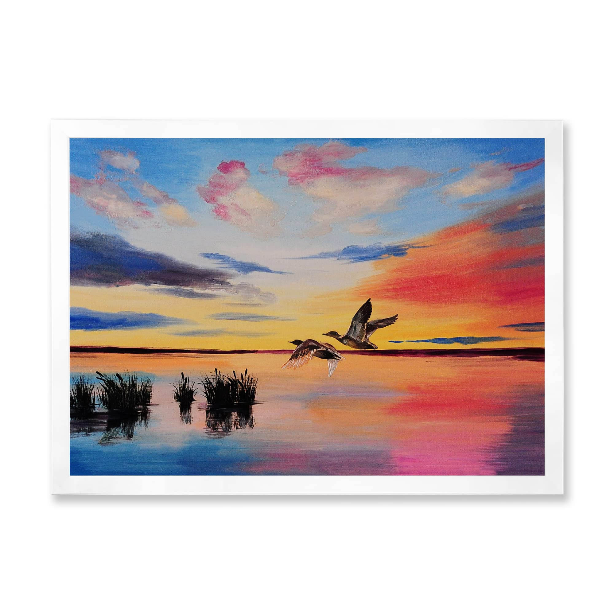 DesignQ Framed Wall Art - Flying Cranes at Colorful Sunset, Nautical Coastal Decor for Living Room, Bedroom & Office