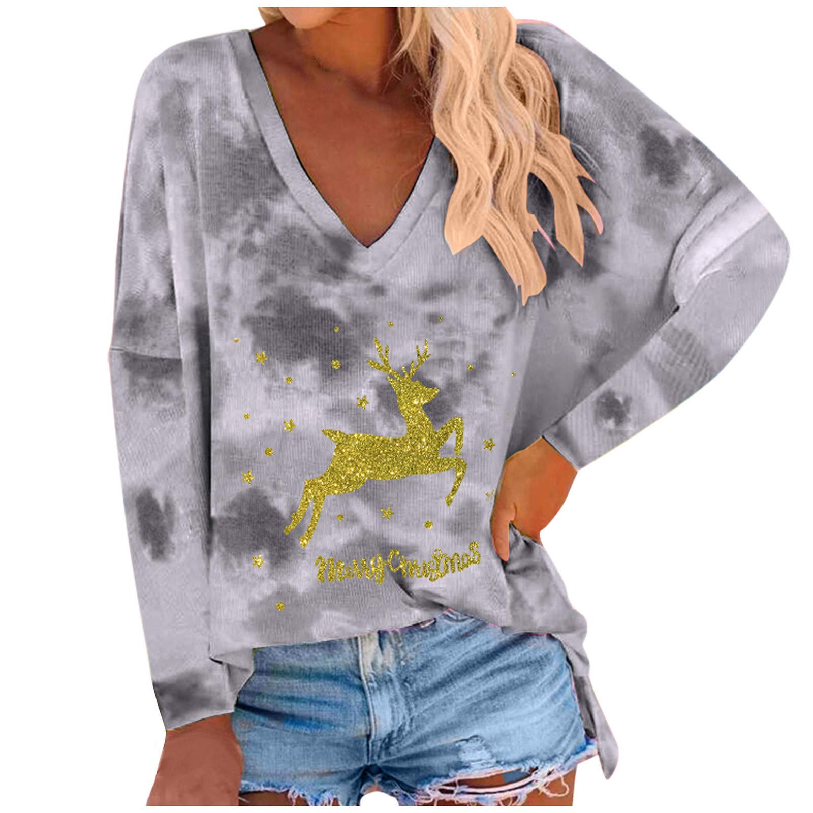 Women's White V-Neck Tank Tops - Christmas Tie-Dye Print Pullover for Winter - Casual Wear, Layering & Holiday Outfits