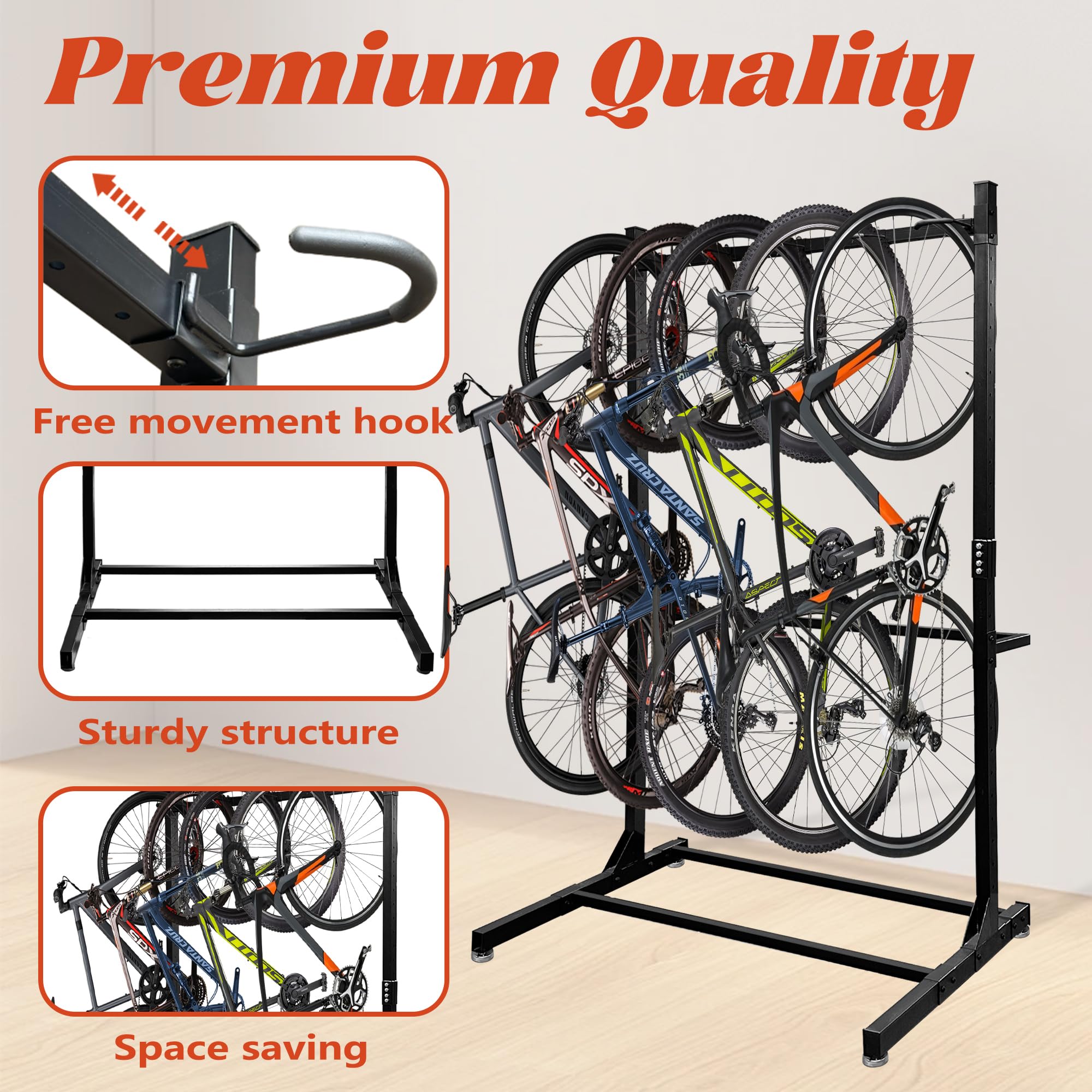 Royxen Freestanding Bike Rack for 5 Bikes - 400 lbs Capacity Heavy Duty Garage Storage Solution for Indoor & Outdoor Use - Perfect for Home, Apartment, and Backyard Organization