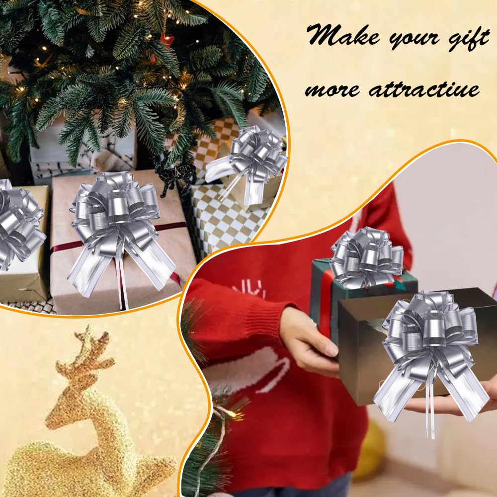 6pcs Silver Pull Bows for Gift Wrapping - Wedding, Christmas, Party Decor