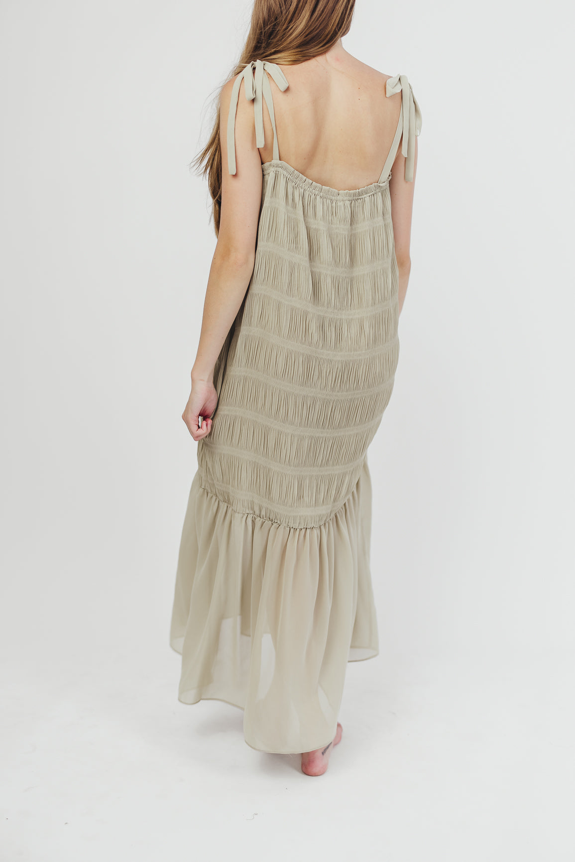 Karolyn Women's Sage Green Tie Strap Maxi Dress - Flowy Summer Beach Dress for Vacation, Wedding, or Casual Outings