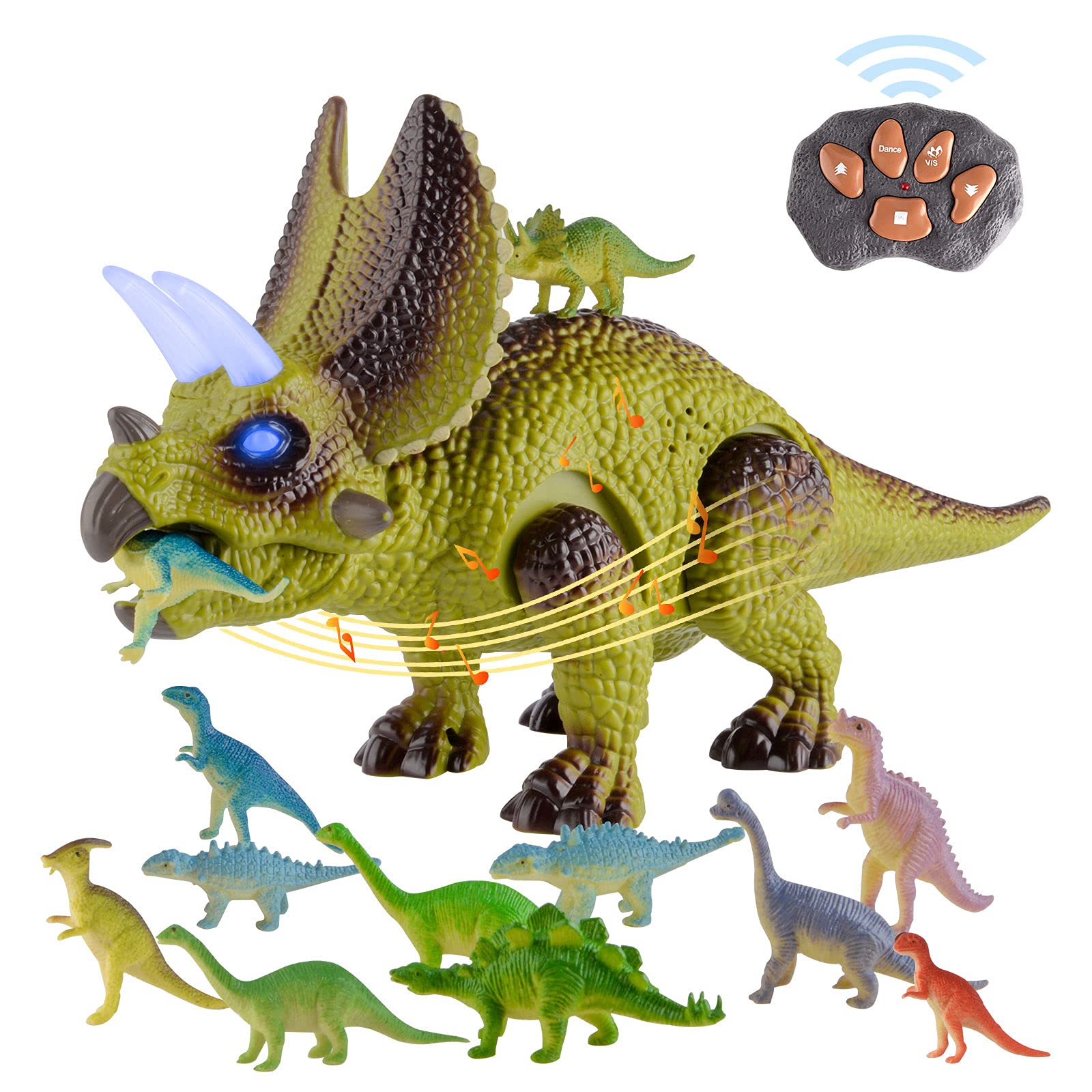 Remote Control Dinosaur Toys for Kids Ages 3-7 - Interactive RC Triceratops with 12 Dino Figures, Dance & Battle Modes - STEM Learning Toy for Boys & Girls - Perfect for Birthday Gifts, Indoor Play & Pretend Jurassic Adventures