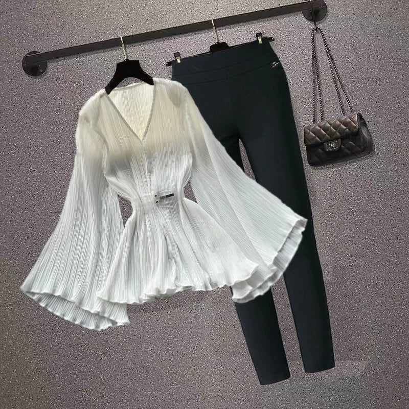 Elegant OL Flared Sleeve V-Neck Blouse & Stretchy Pants Set for Women - Autumn Winter Office Wear & Casual Outfits