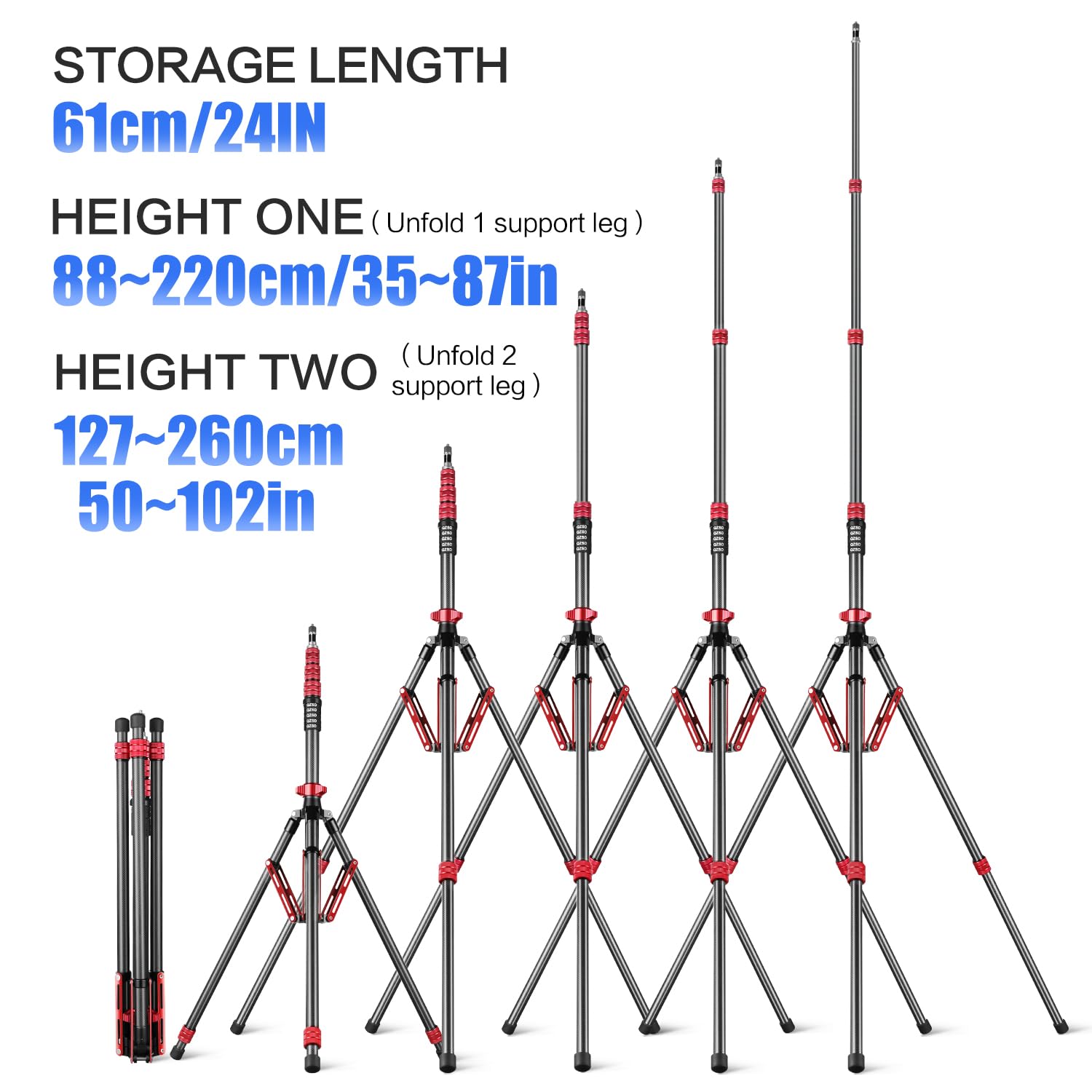 Carbon Fiber Light Stand - Adjustable 260cm/102in Photography Tripod for Studio, Speedlite Flash, Softbox & Strobe Lights | Heavy Duty Camera Stand with Carrying Bag | Perfect for Portrait, Product & Indoor Photography